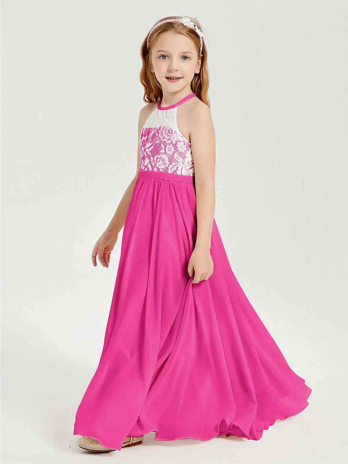 Long Chiffon Bridesmaid Dresses Lace Top Fuchsia