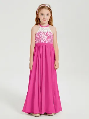 Long Chiffon Bridesmaid Dresses Lace Top Fuchsia