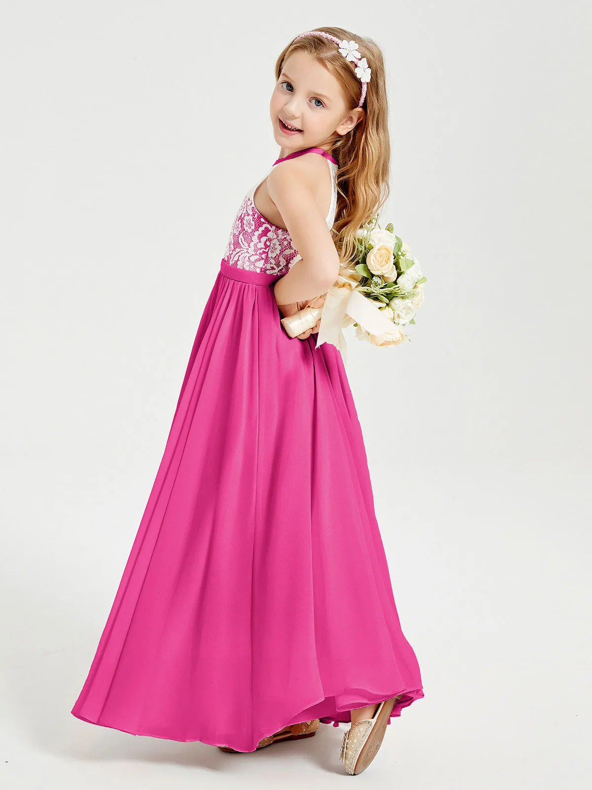 Long Chiffon Bridesmaid Dresses Lace Top Fuchsia