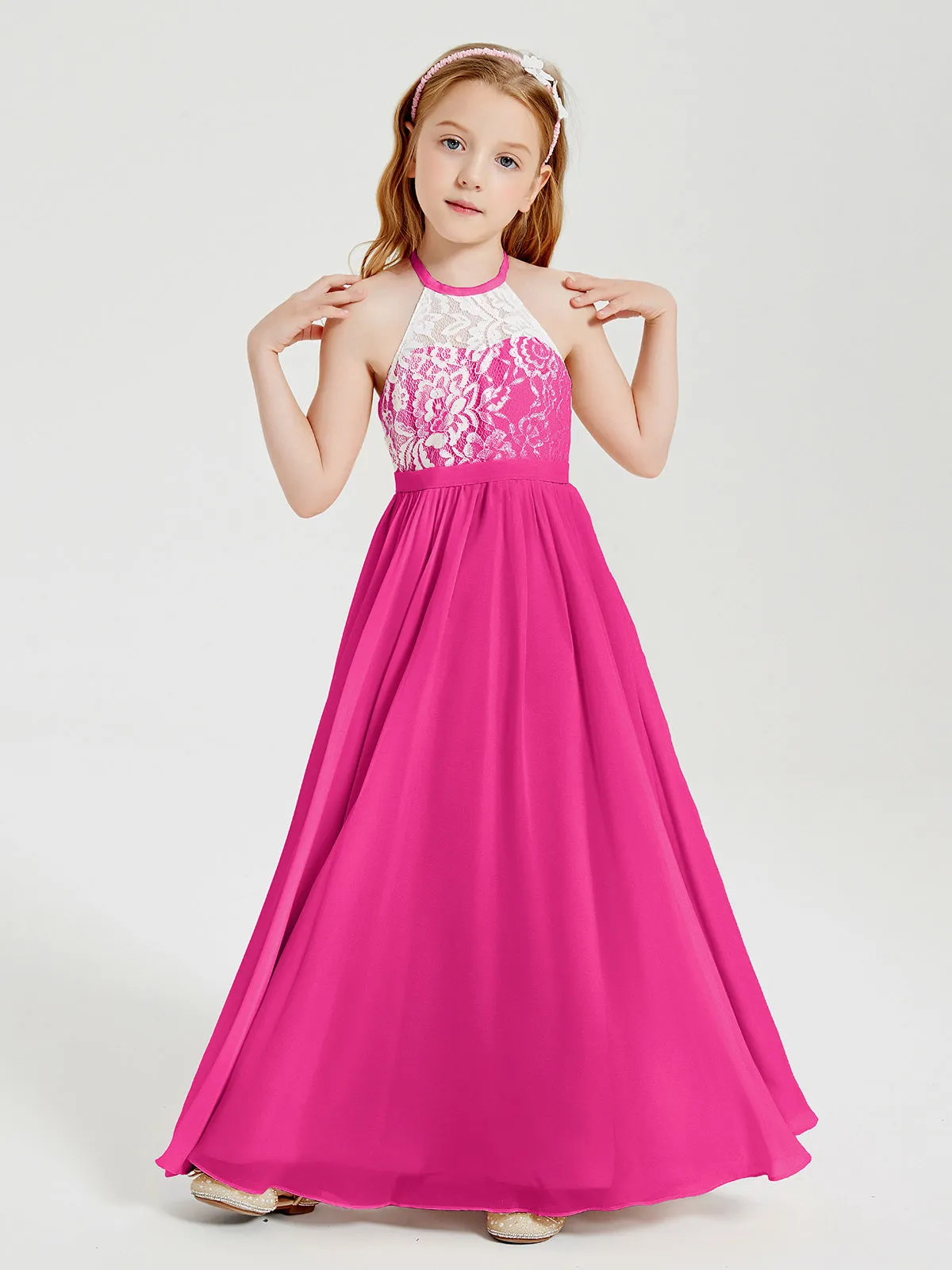 Long Chiffon Bridesmaid Dresses Lace Top Fuchsia