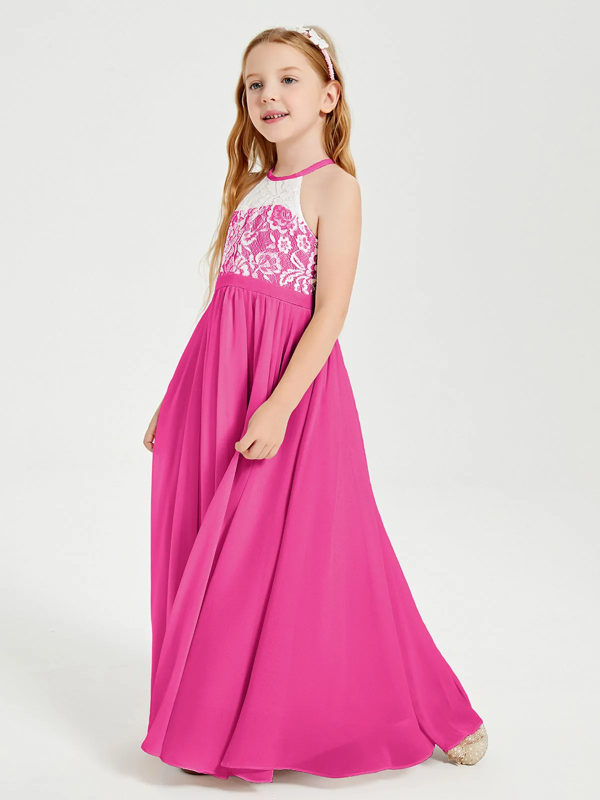 Long Chiffon Bridesmaid Dresses Lace Top Fuchsia