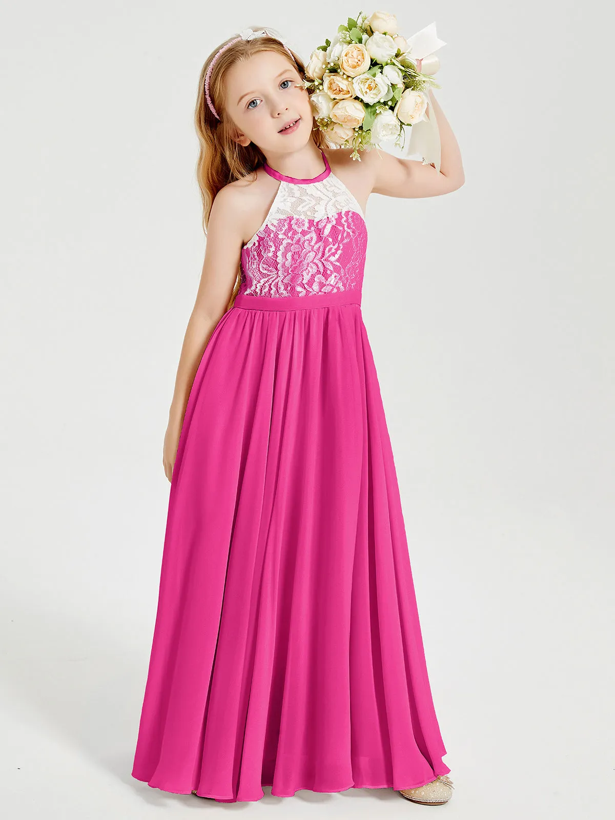 Long Chiffon Bridesmaid Dresses Lace Top Fuchsia