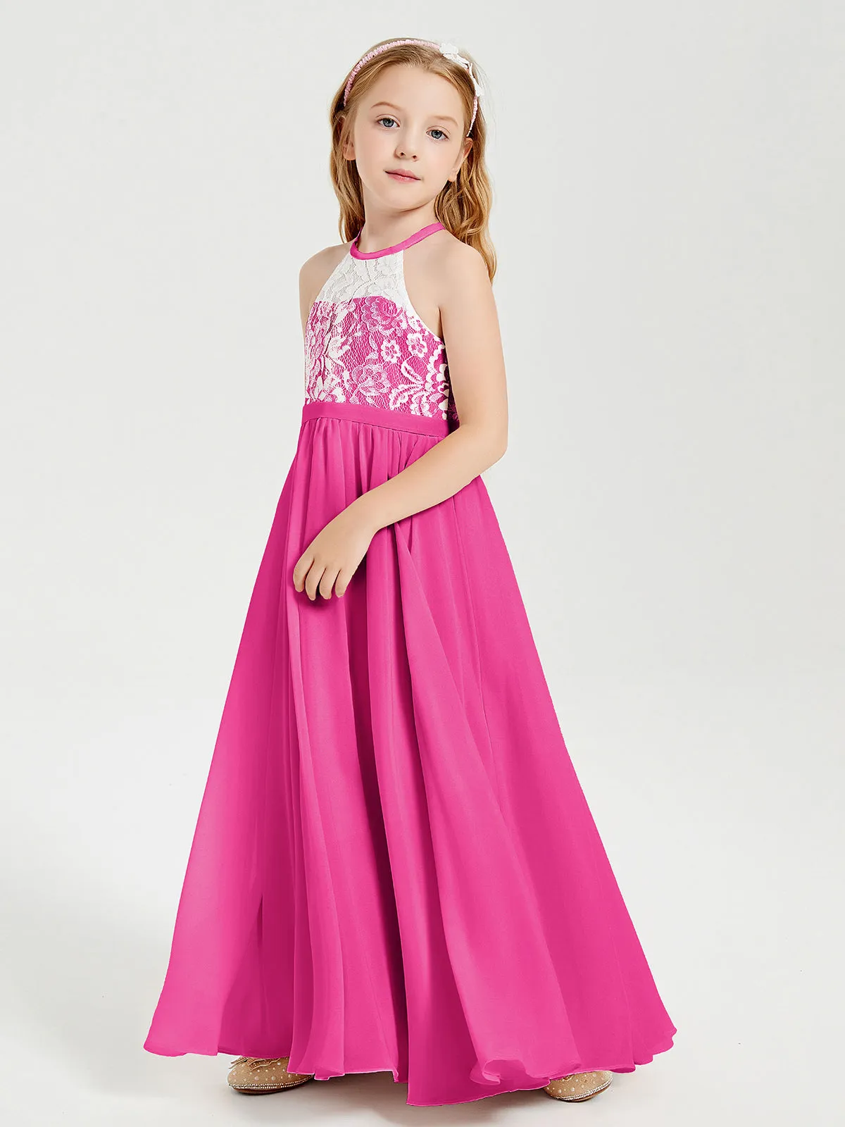 Long Chiffon Bridesmaid Dresses Lace Top Fuchsia