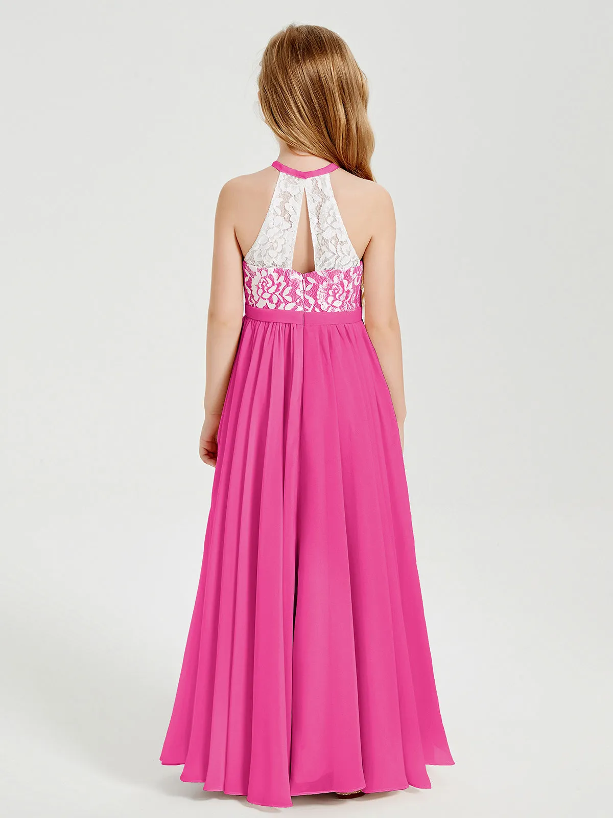 Long Chiffon Bridesmaid Dresses Lace Top Fuchsia