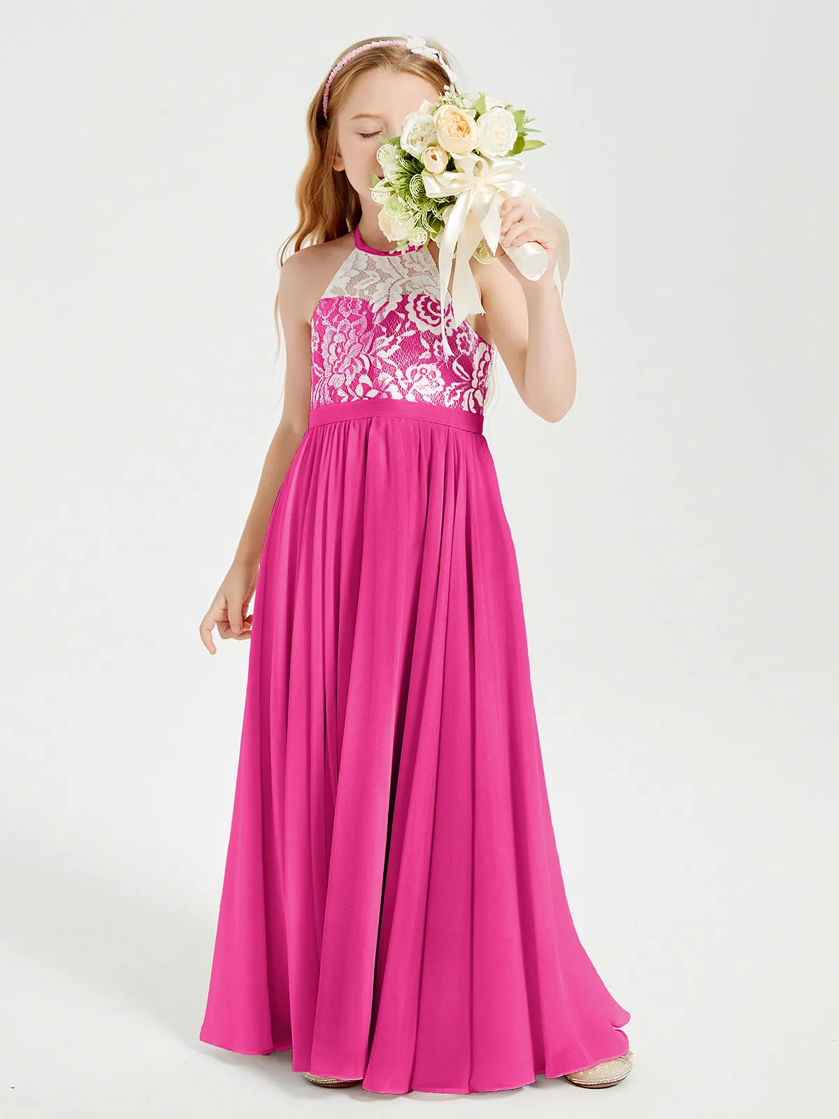 Long Chiffon Bridesmaid Dresses Lace Top Fuchsia