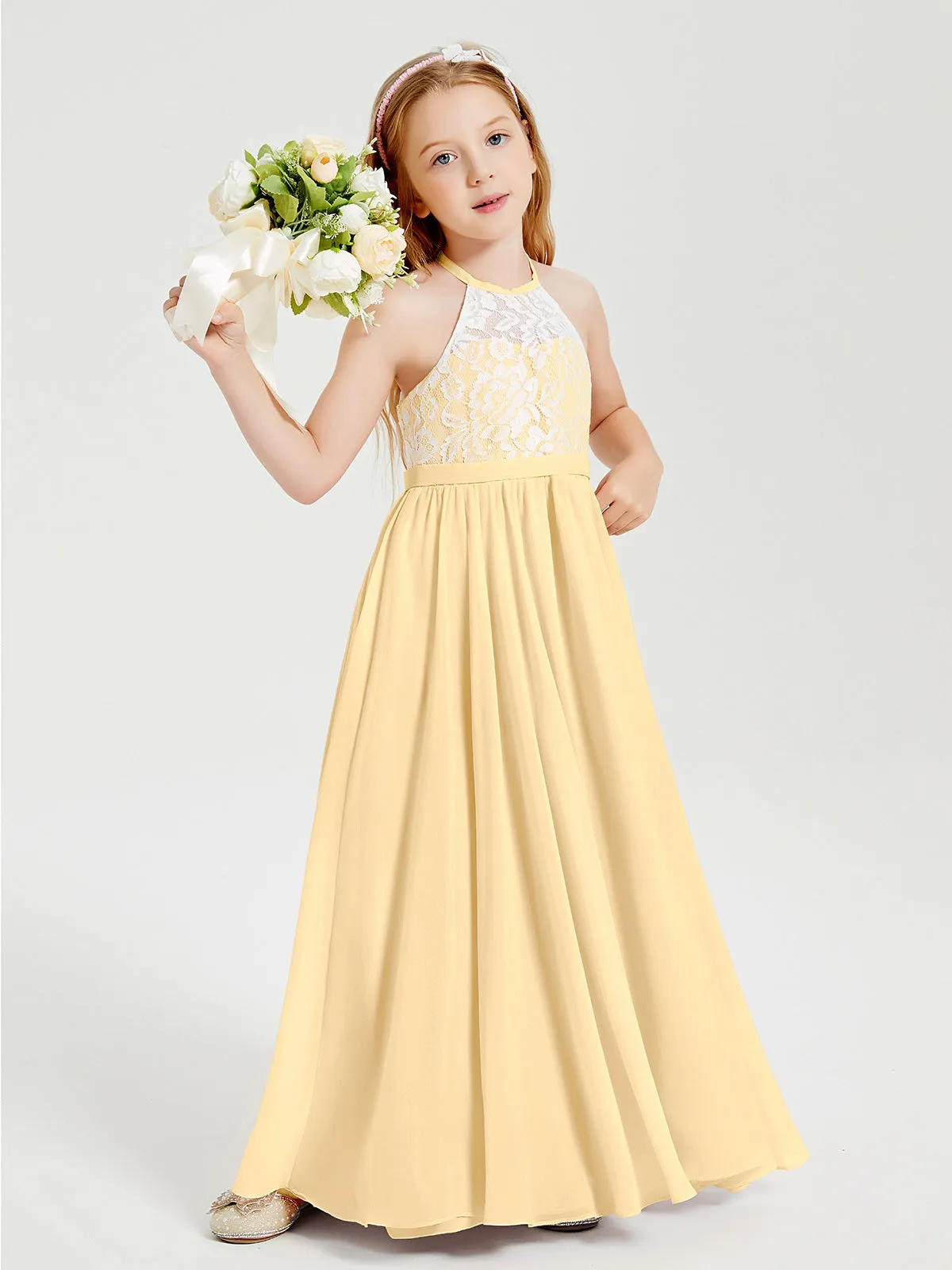 Long Chiffon Bridesmaid Dresses Lace Top Gold