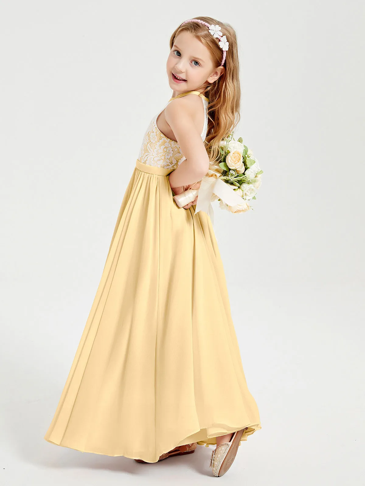 Long Chiffon Bridesmaid Dresses Lace Top Gold