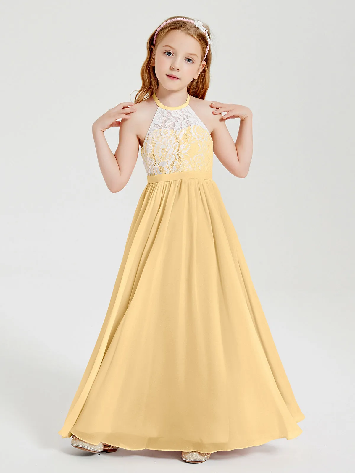 Long Chiffon Bridesmaid Dresses Lace Top Gold