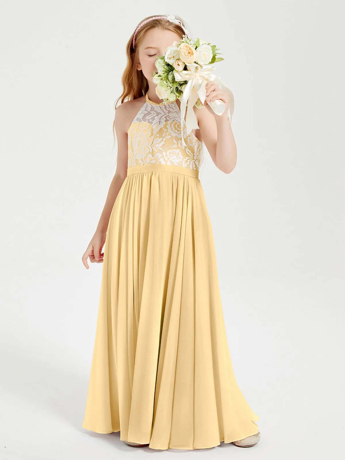 Long Chiffon Bridesmaid Dresses Lace Top Gold