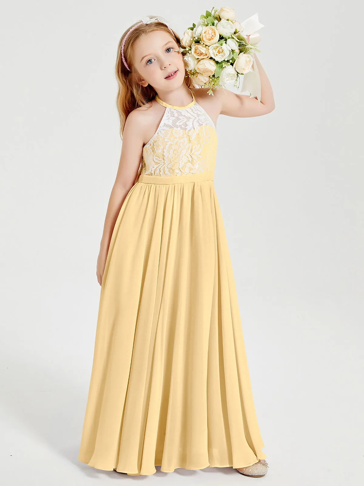 Long Chiffon Bridesmaid Dresses Lace Top Gold