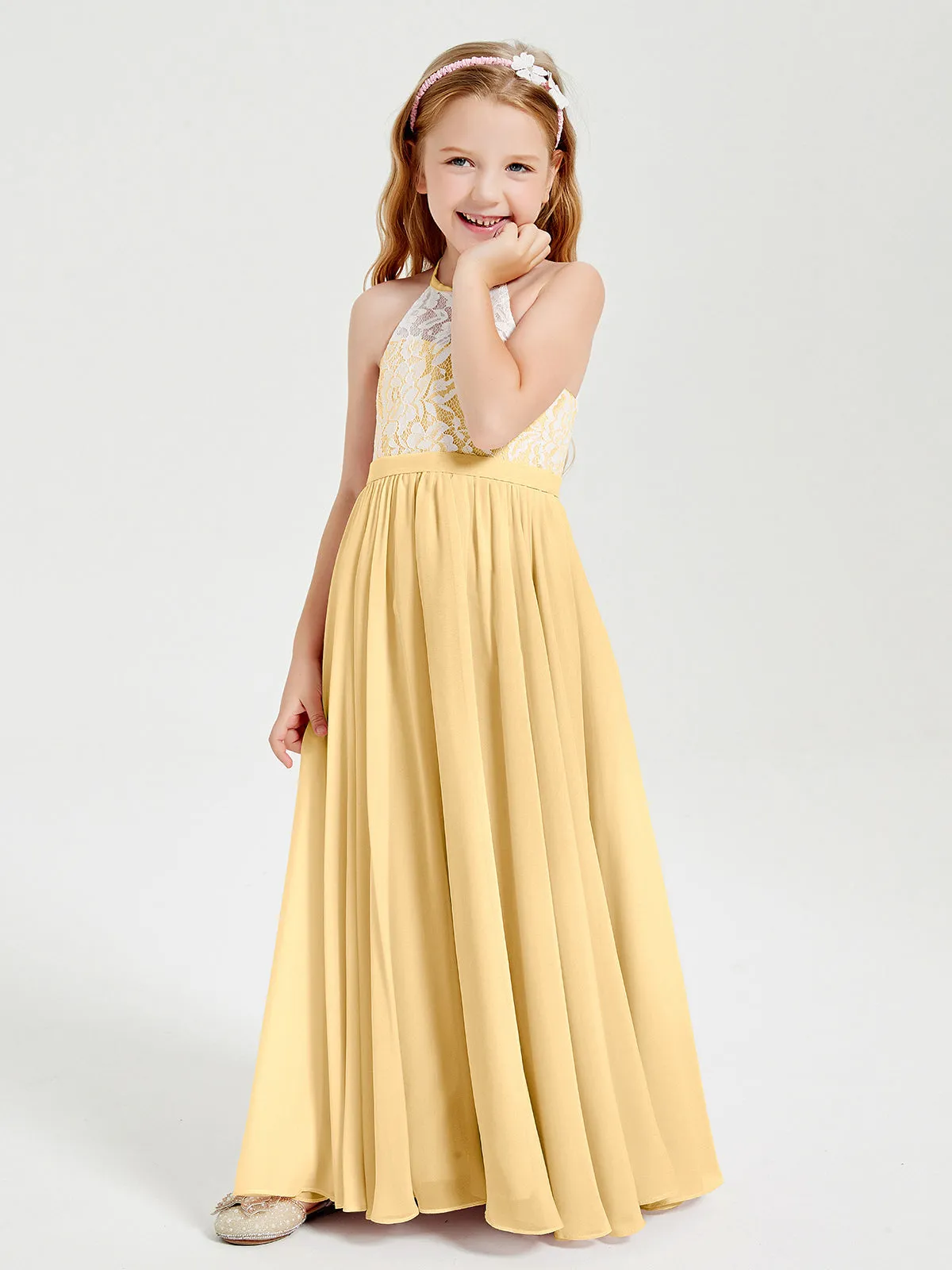 Long Chiffon Bridesmaid Dresses Lace Top Gold