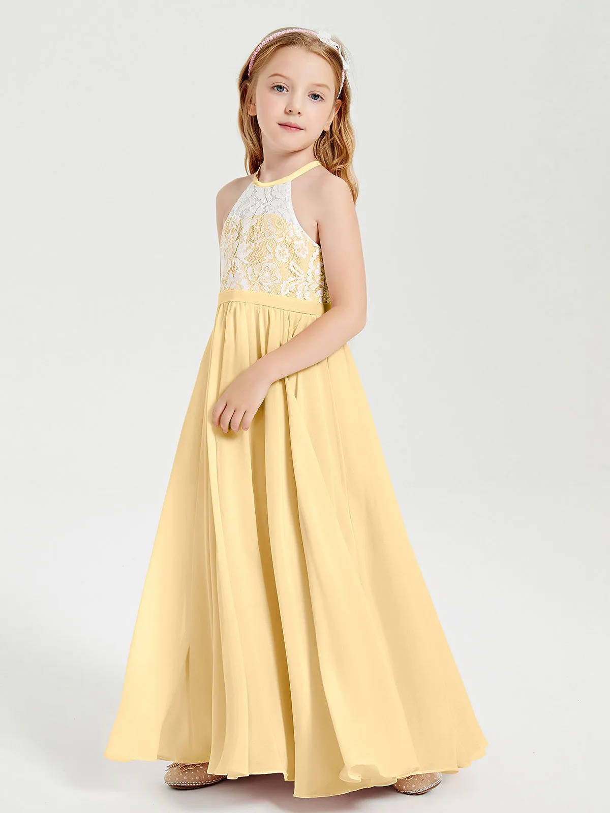 Long Chiffon Bridesmaid Dresses Lace Top Gold