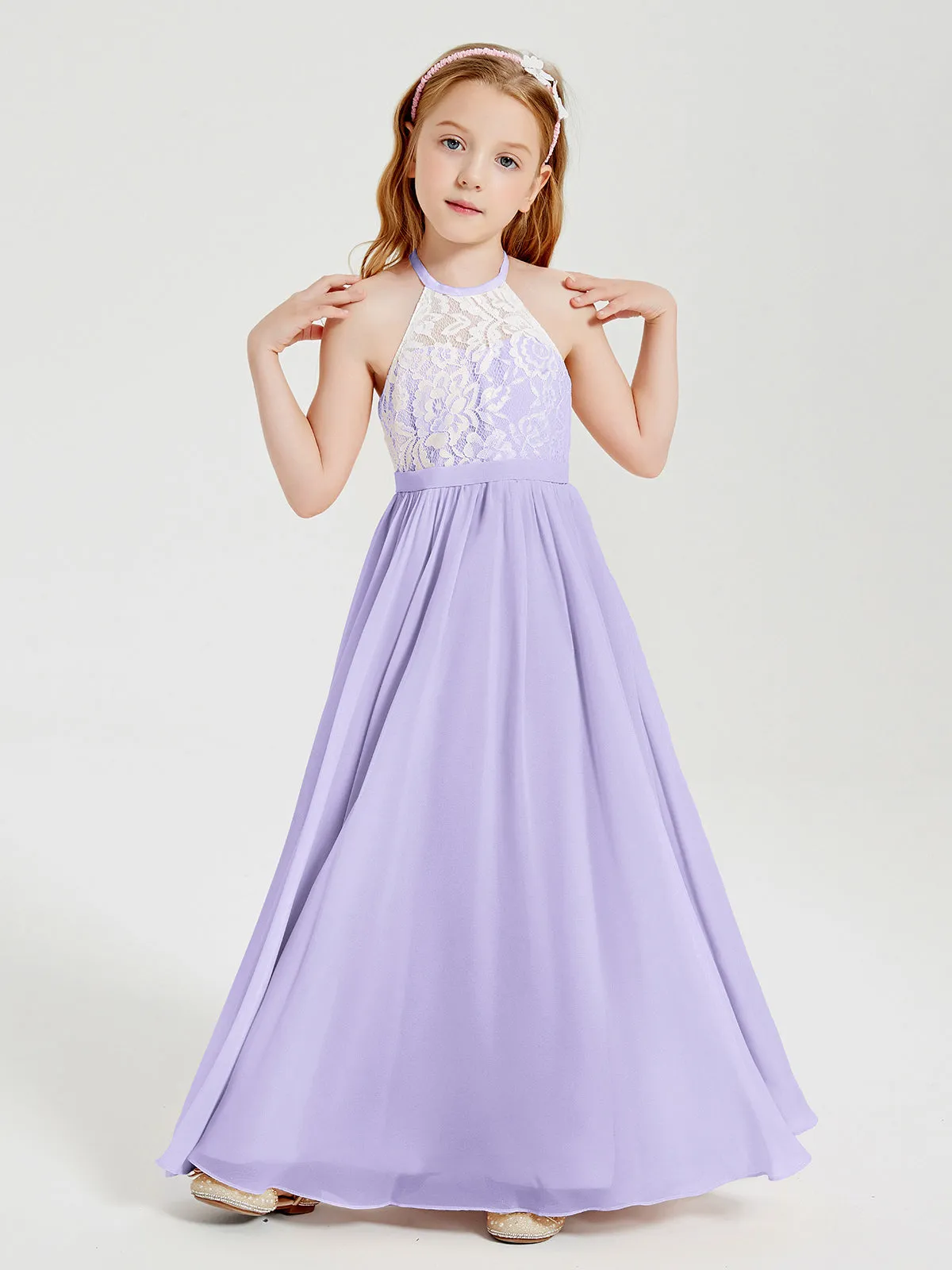 Long Chiffon Bridesmaid Dresses Lace Top Lilac