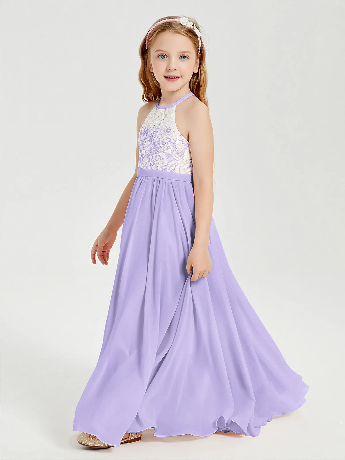 Long Chiffon Bridesmaid Dresses Lace Top Lilac