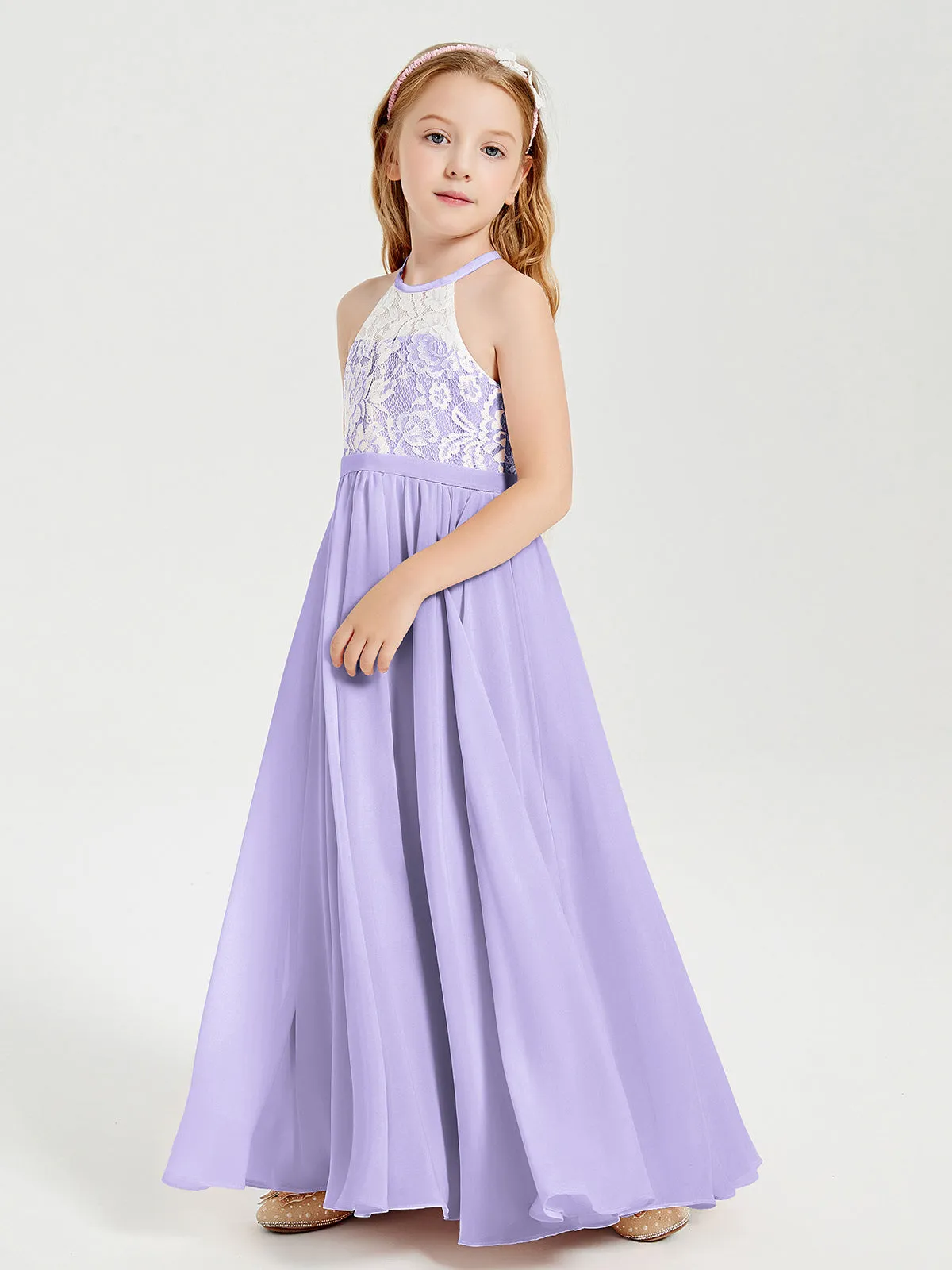 Long Chiffon Bridesmaid Dresses Lace Top Lilac