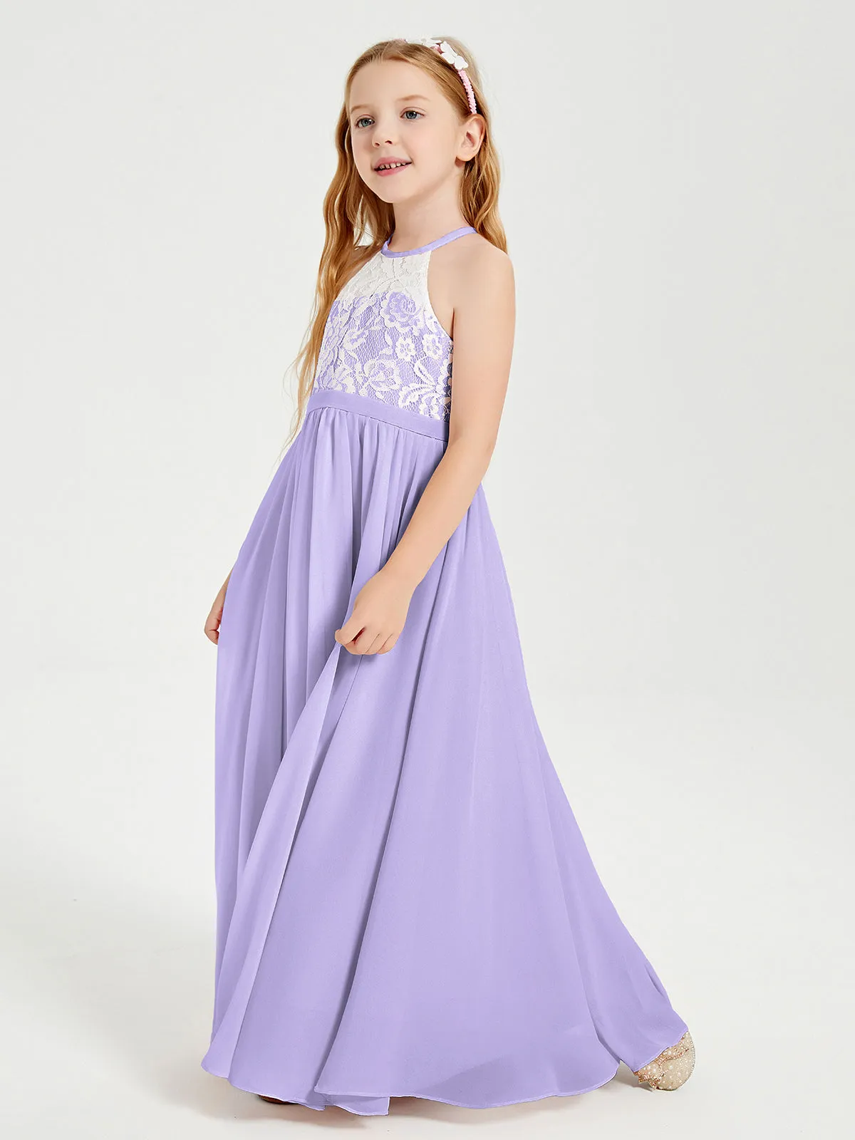 Long Chiffon Bridesmaid Dresses Lace Top Lilac