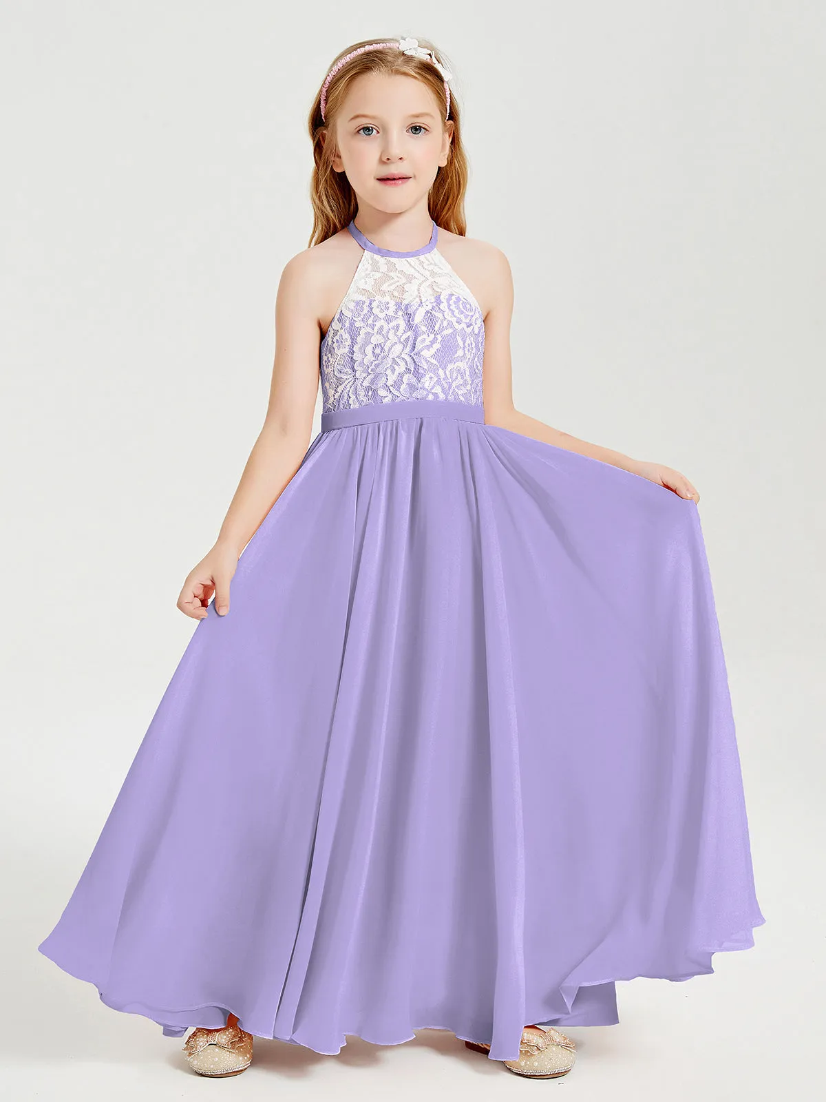 Long Chiffon Bridesmaid Dresses Lace Top Lilac