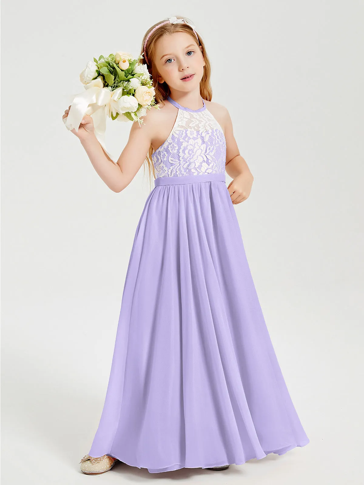 Long Chiffon Bridesmaid Dresses Lace Top Lilac