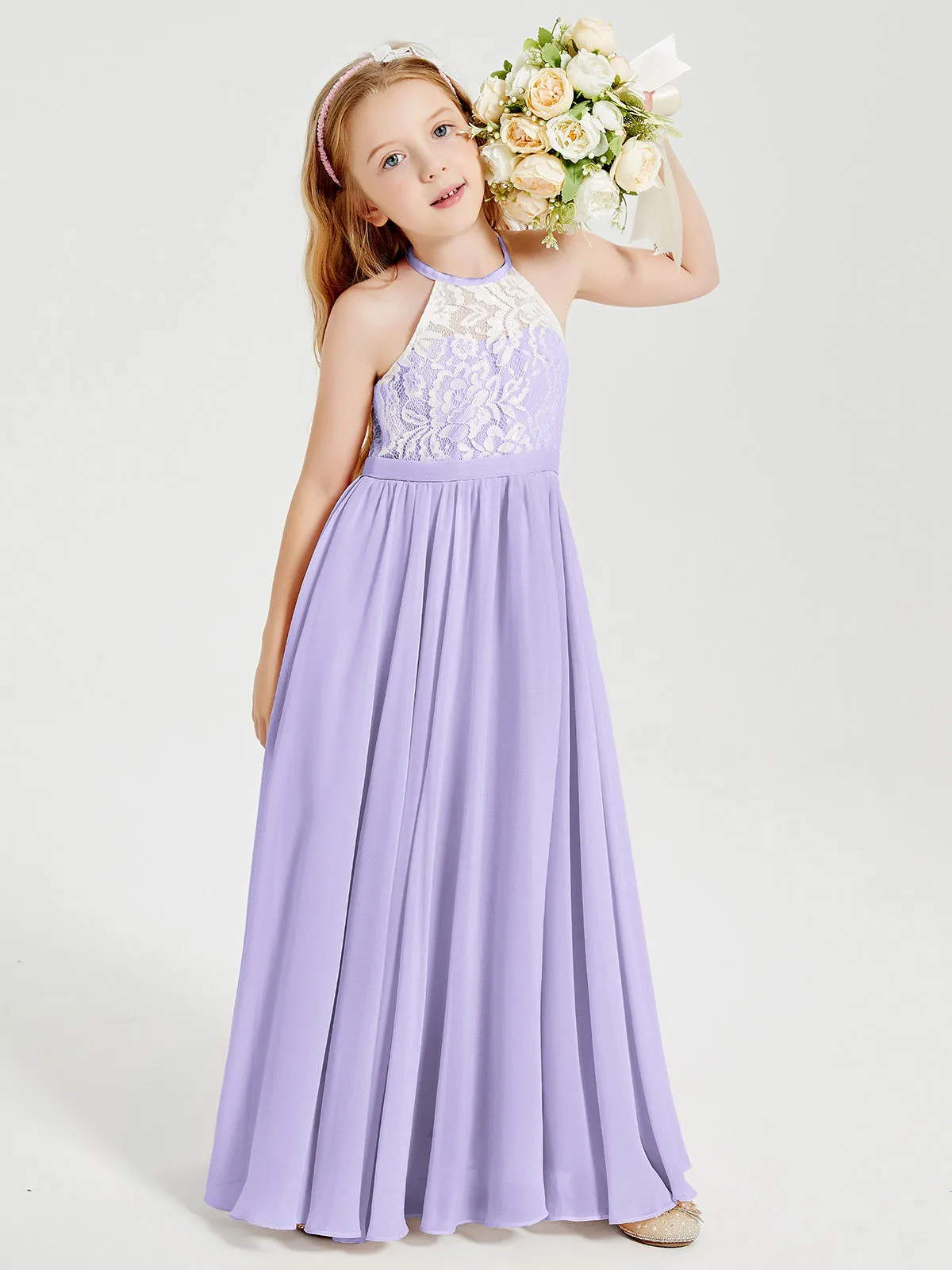 Long Chiffon Bridesmaid Dresses Lace Top Lilac