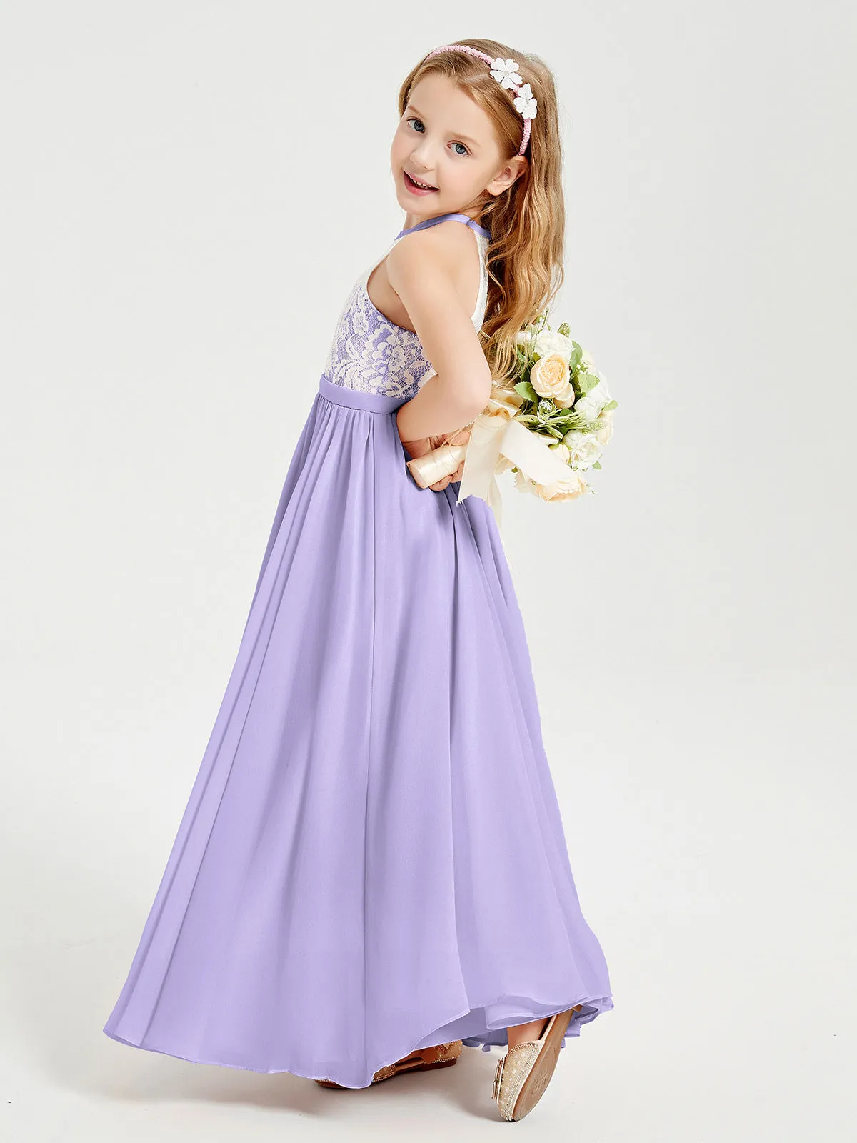 Long Chiffon Bridesmaid Dresses Lace Top Lilac