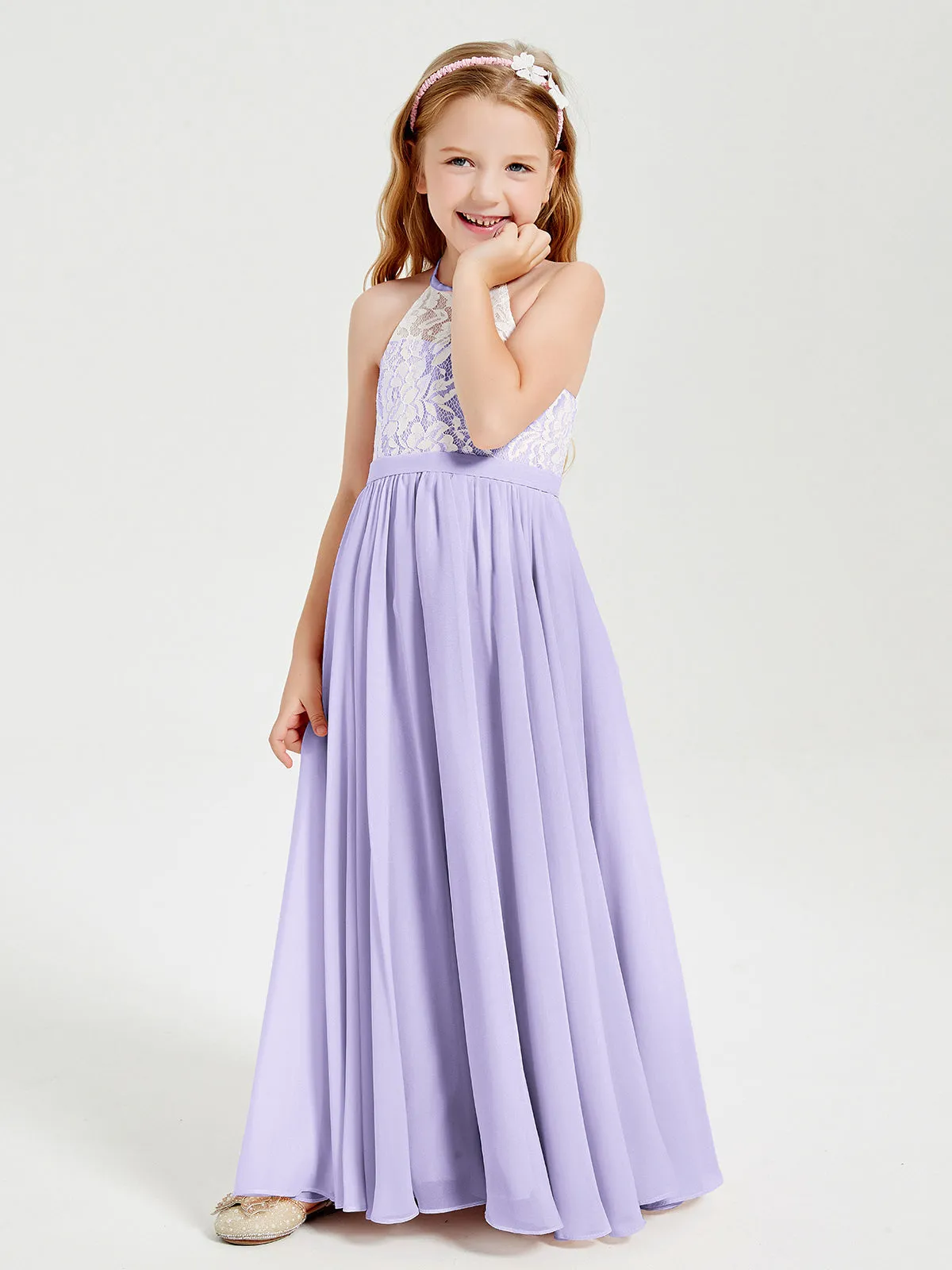 Long Chiffon Bridesmaid Dresses Lace Top Lilac