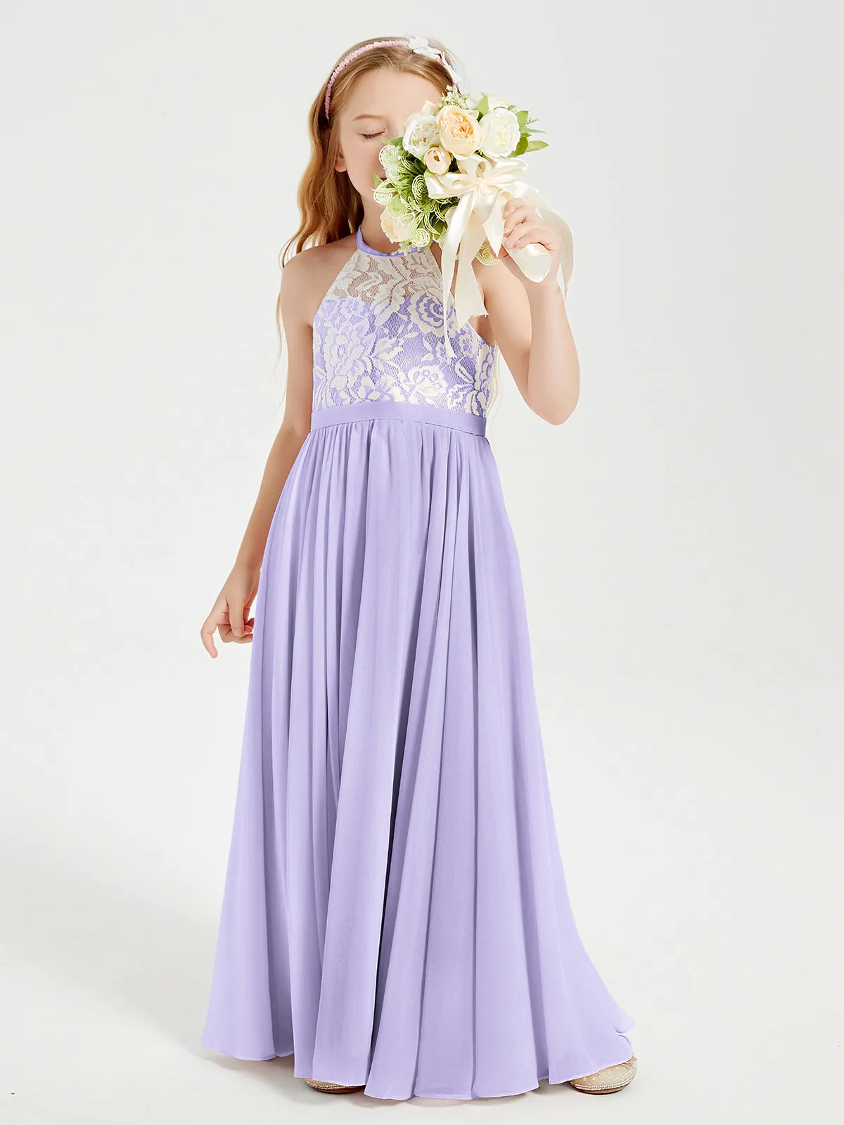 Long Chiffon Bridesmaid Dresses Lace Top Lilac