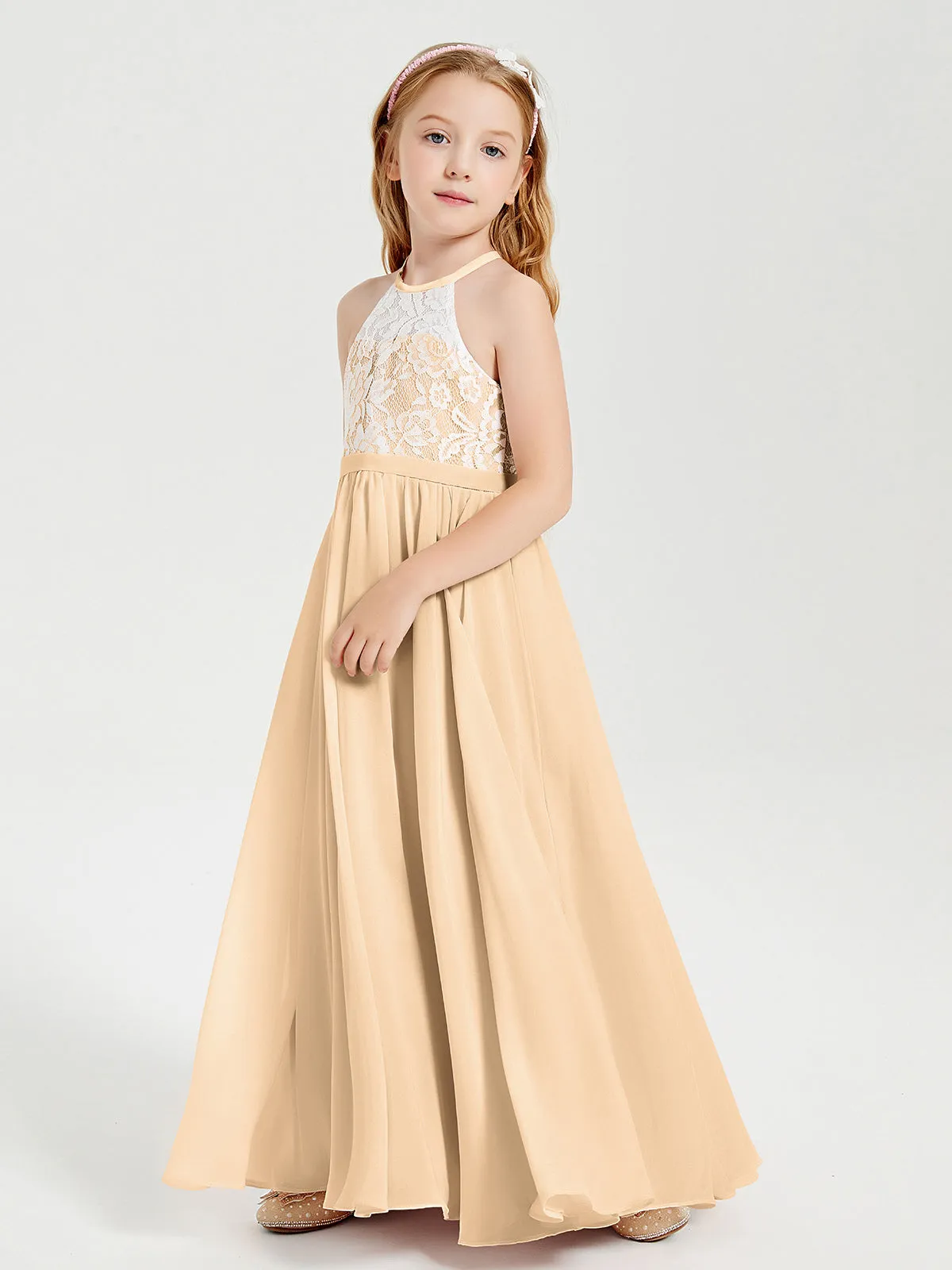 Long Chiffon Bridesmaid Dresses Lace Top Peach