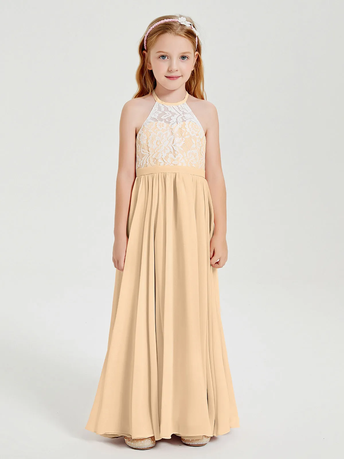 Long Chiffon Bridesmaid Dresses Lace Top Peach