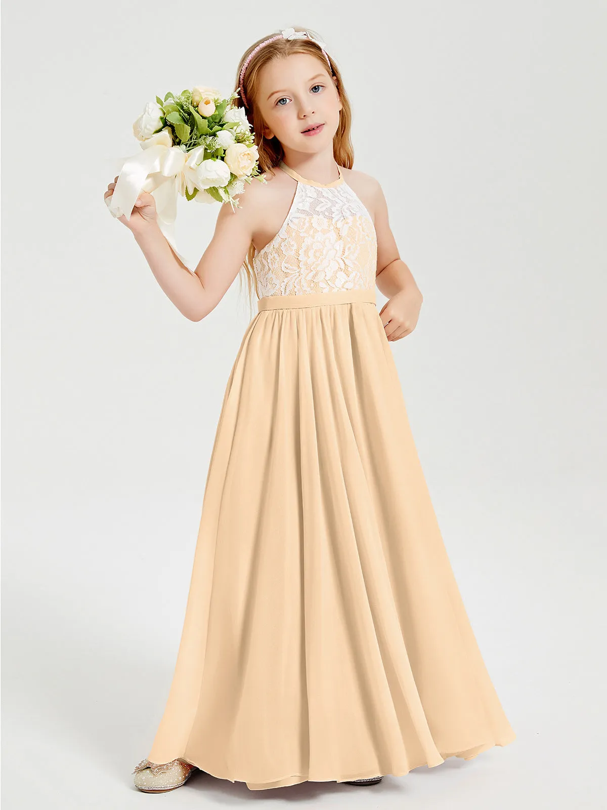 Long Chiffon Bridesmaid Dresses Lace Top Peach