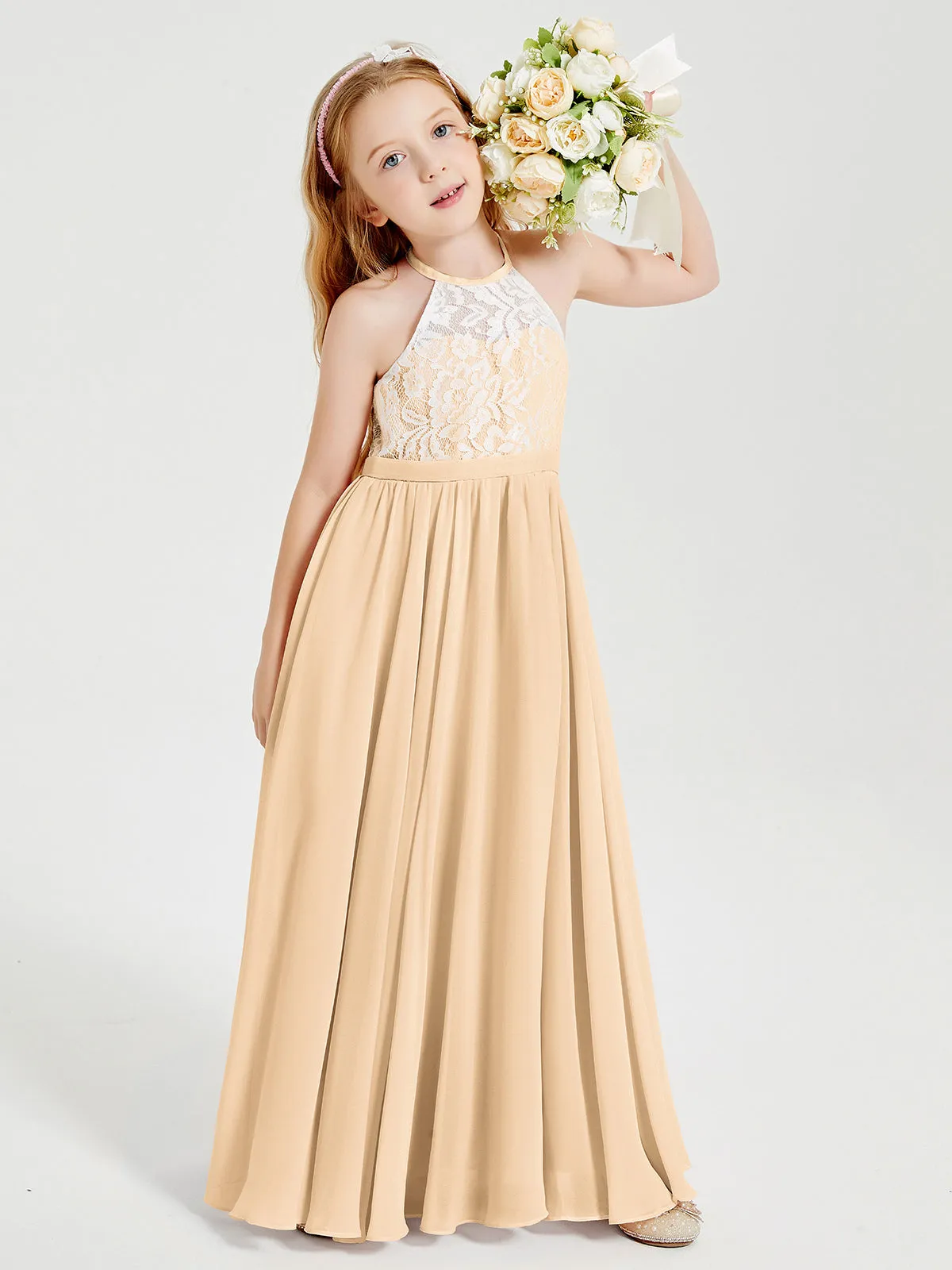 Long Chiffon Bridesmaid Dresses Lace Top Peach