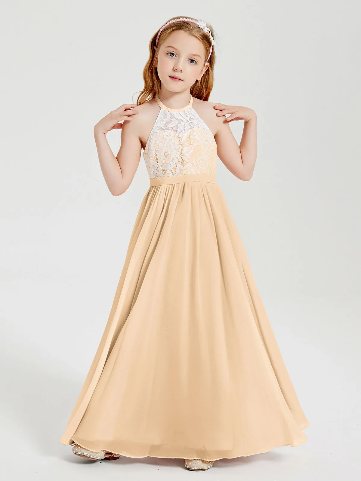 Long Chiffon Bridesmaid Dresses Lace Top Peach