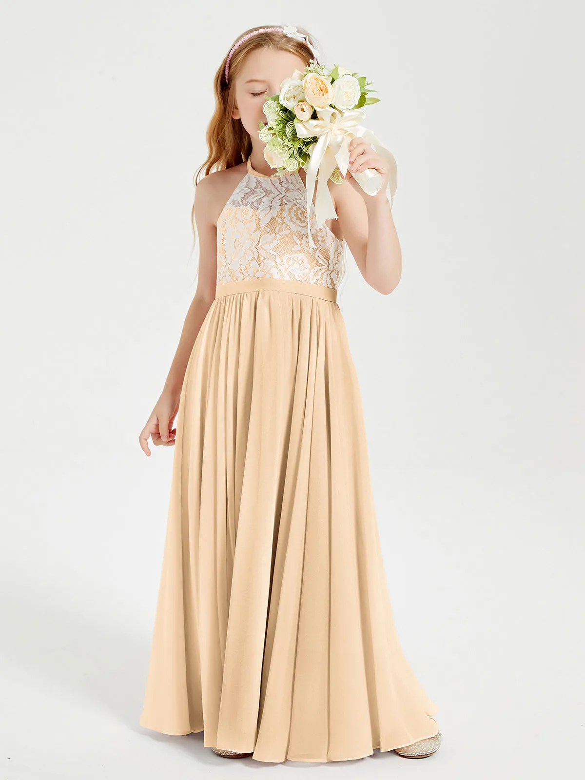 Long Chiffon Bridesmaid Dresses Lace Top Peach