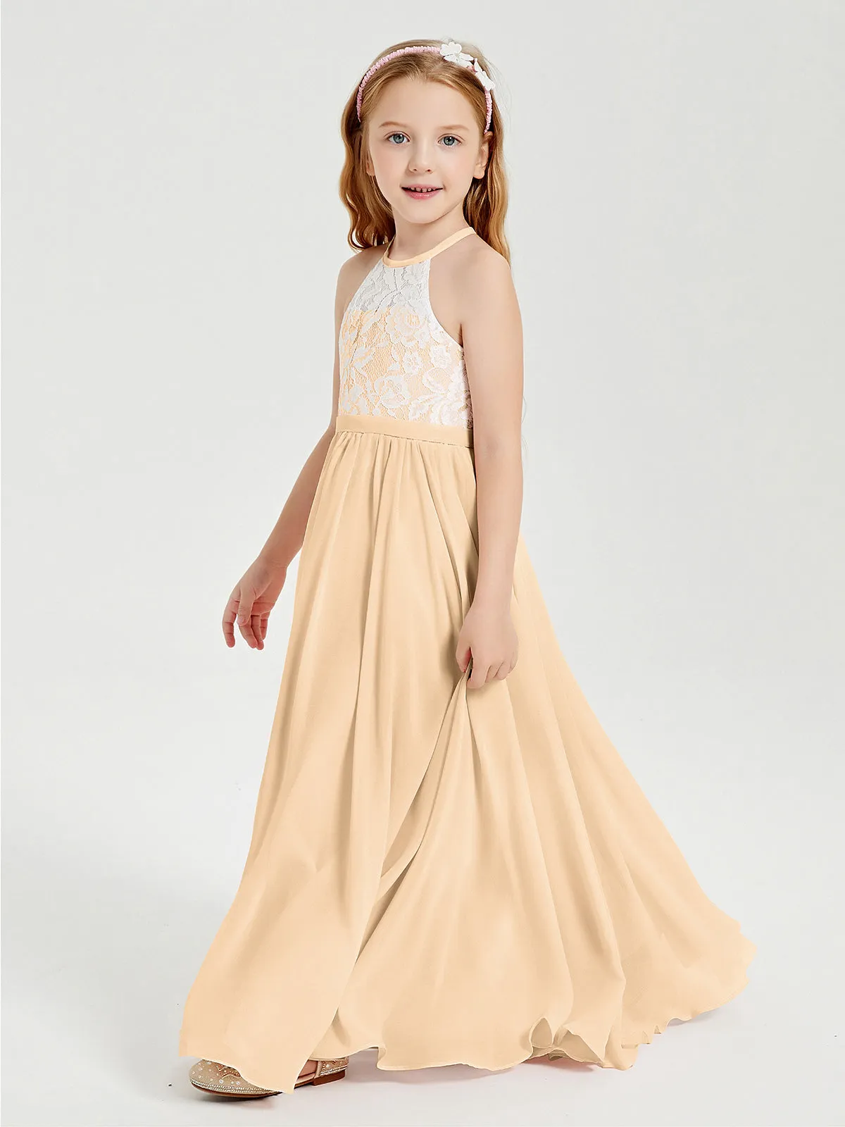 Long Chiffon Bridesmaid Dresses Lace Top Peach