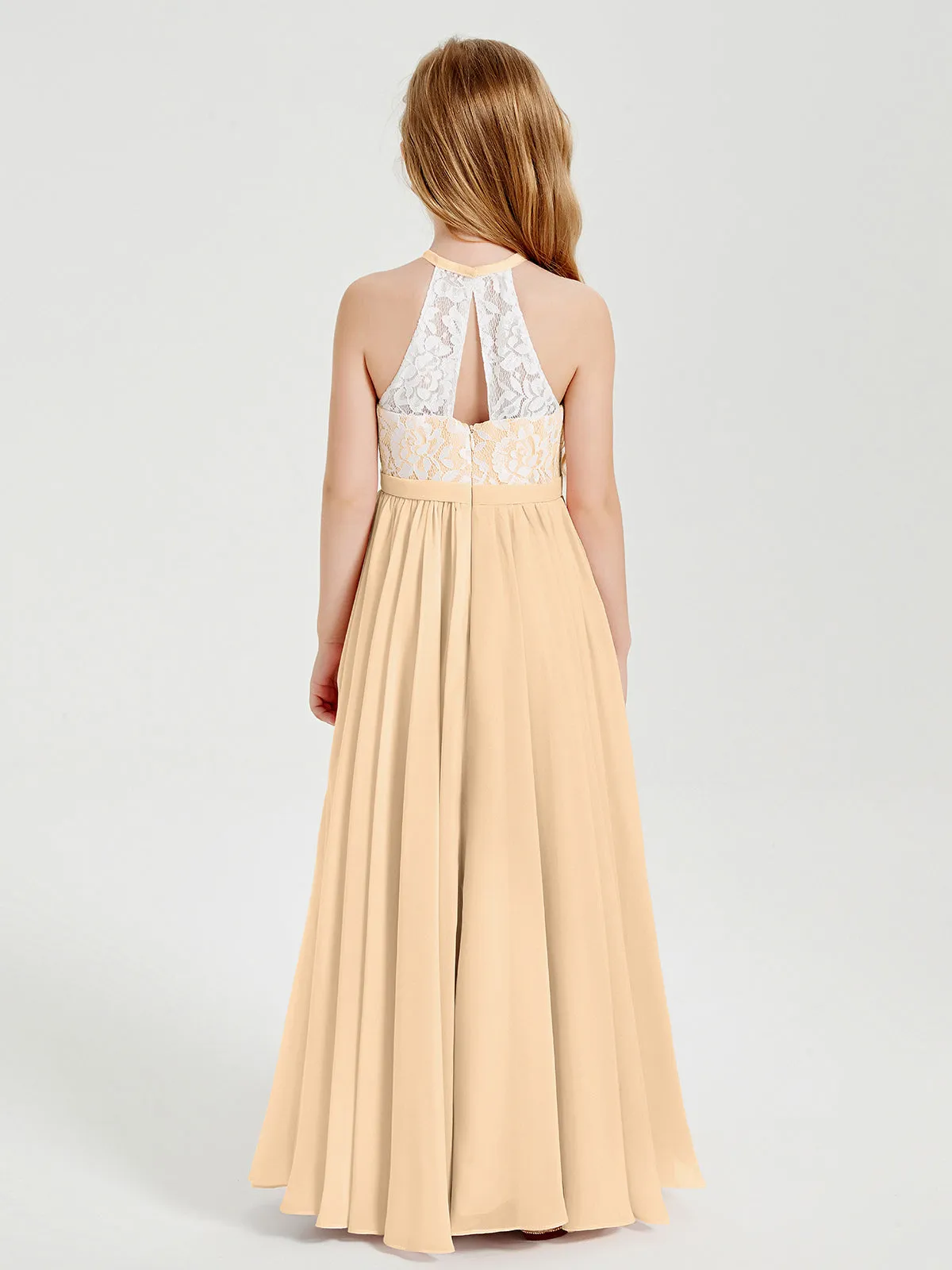 Long Chiffon Bridesmaid Dresses Lace Top Peach