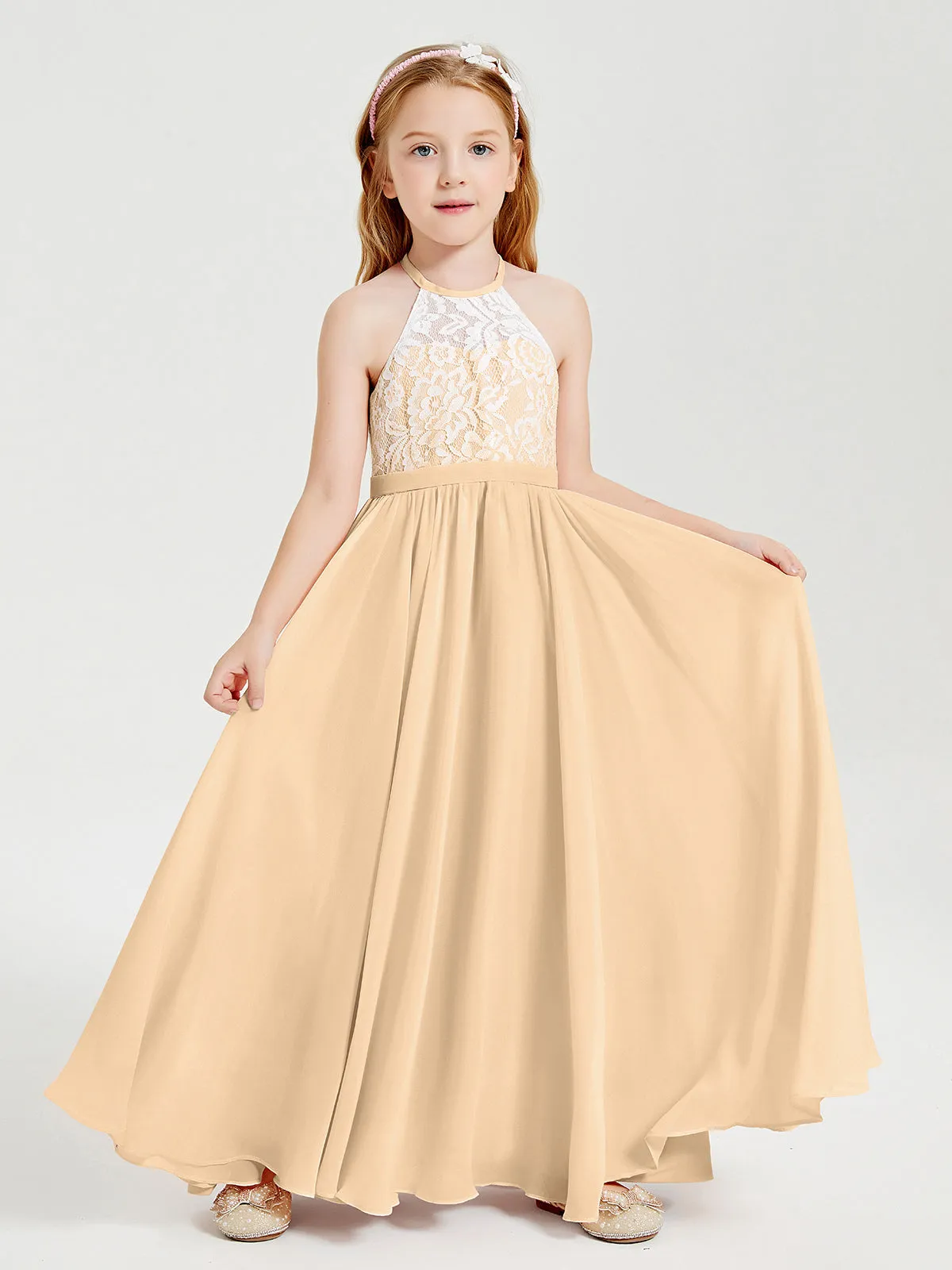 Long Chiffon Bridesmaid Dresses Lace Top Peach