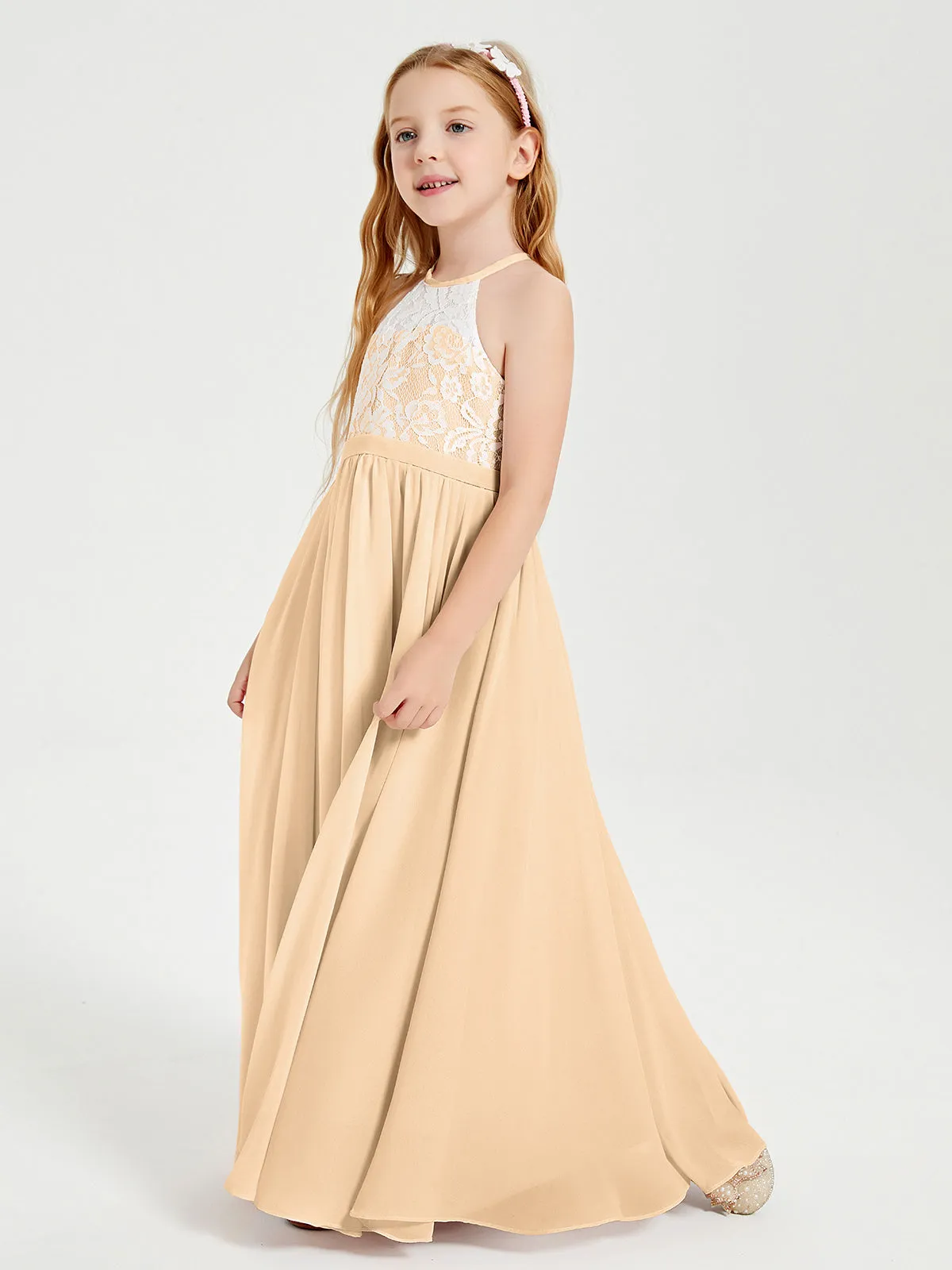 Long Chiffon Bridesmaid Dresses Lace Top Peach