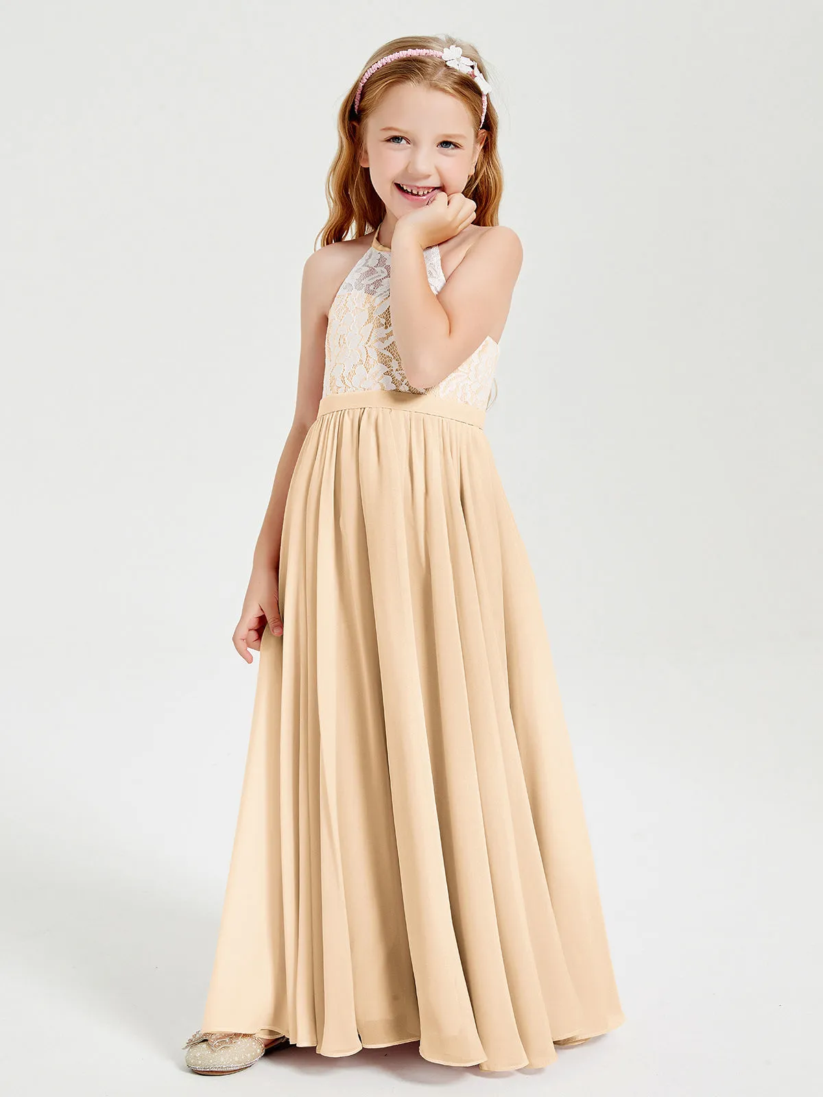 Long Chiffon Bridesmaid Dresses Lace Top Peach