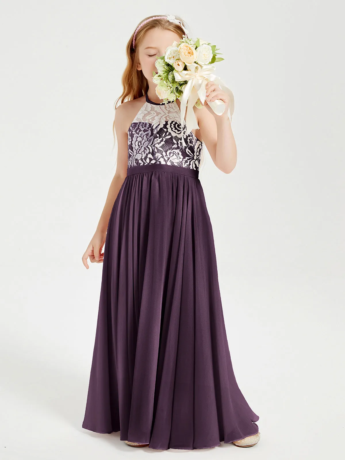 Long Chiffon Bridesmaid Dresses Lace Top Plum