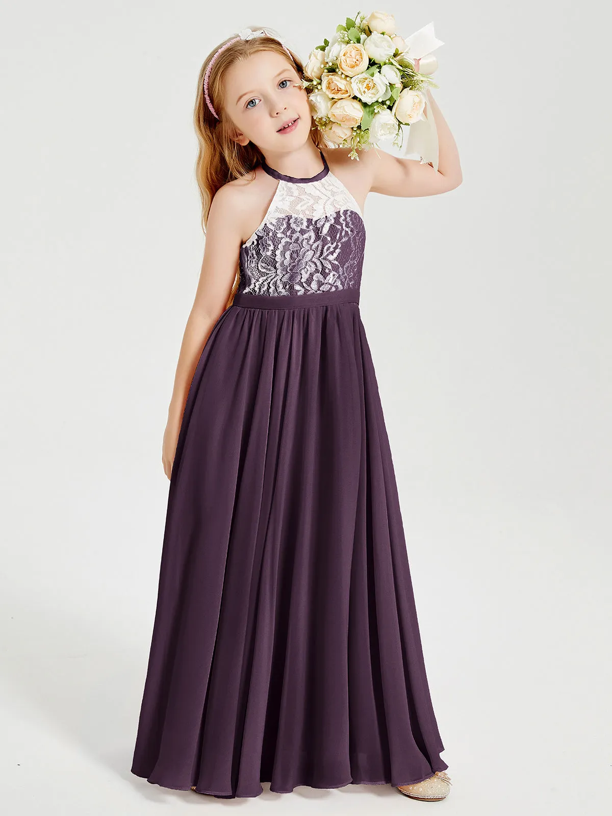 Long Chiffon Bridesmaid Dresses Lace Top Plum