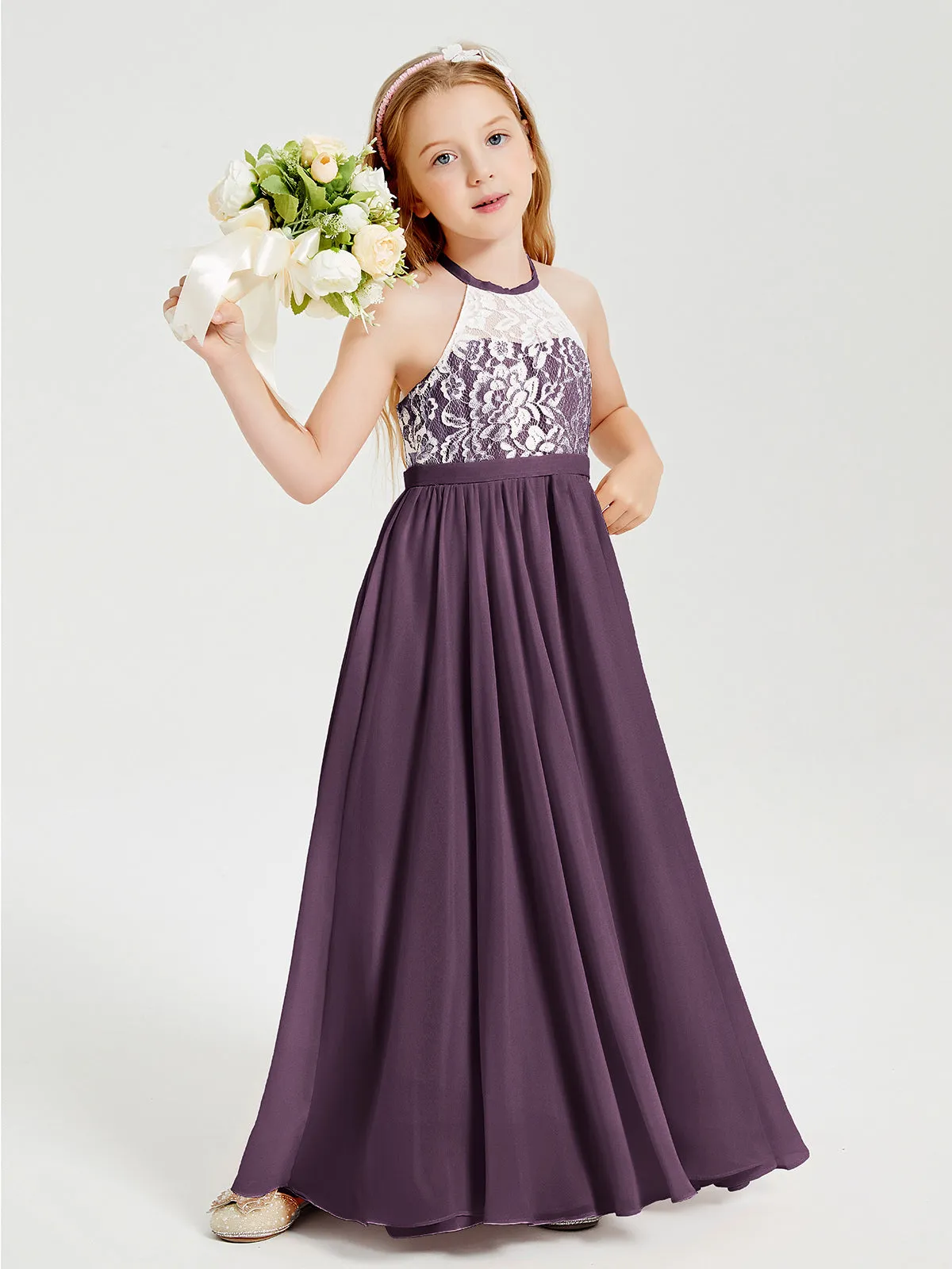 Long Chiffon Bridesmaid Dresses Lace Top Plum