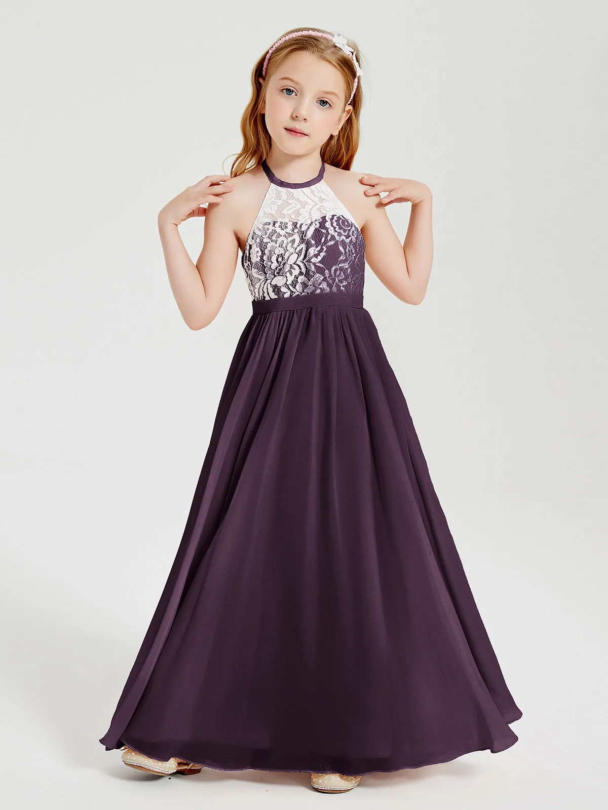 Long Chiffon Bridesmaid Dresses Lace Top Plum