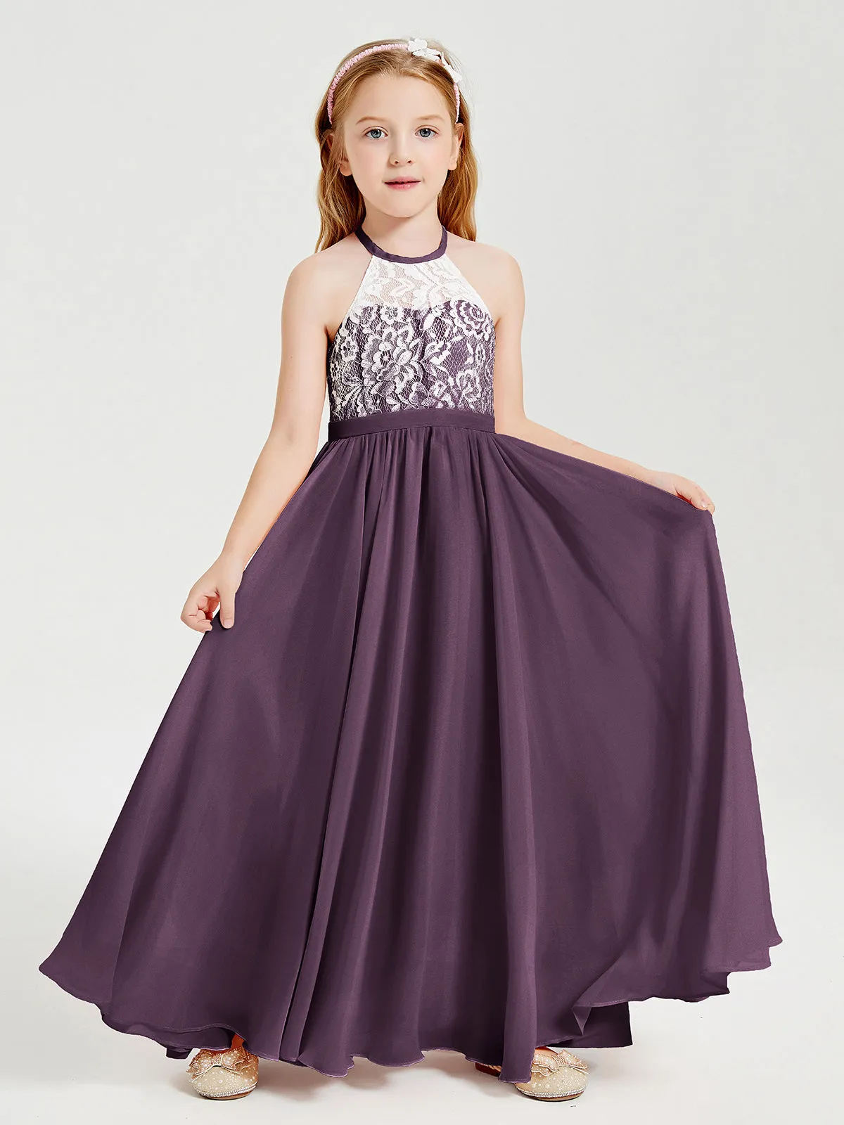 Long Chiffon Bridesmaid Dresses Lace Top Plum