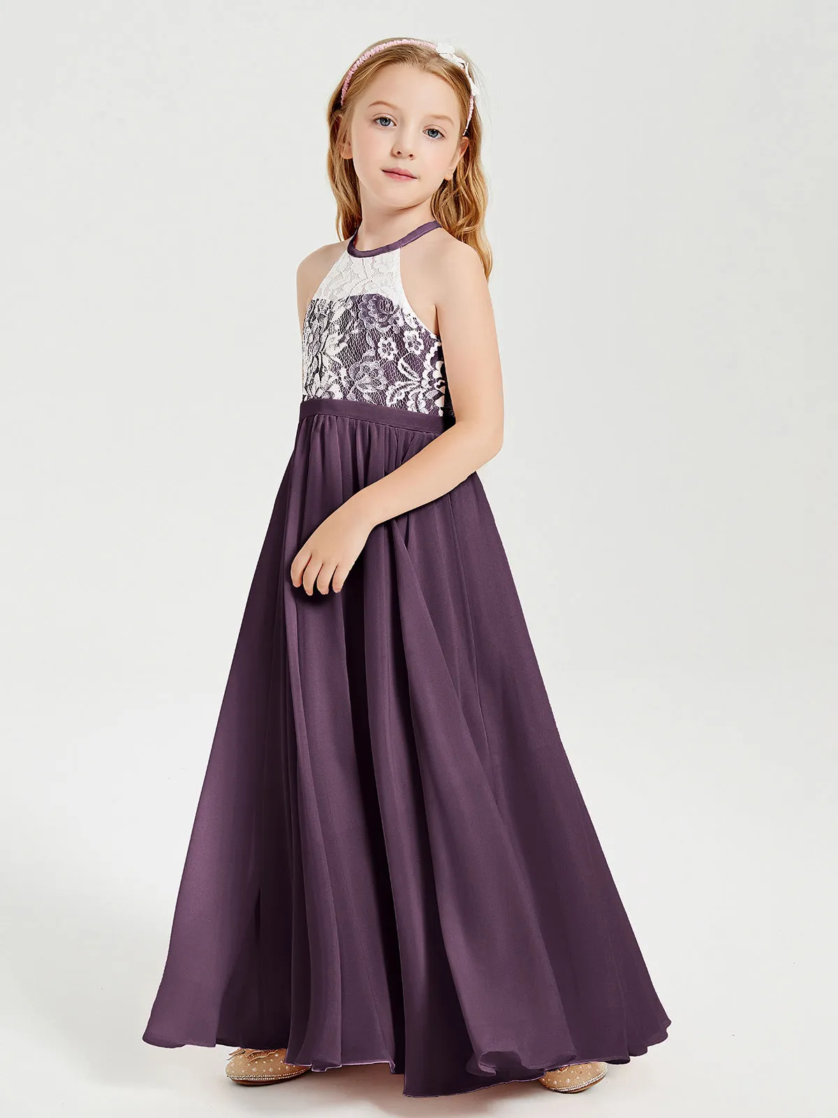 Long Chiffon Bridesmaid Dresses Lace Top Plum