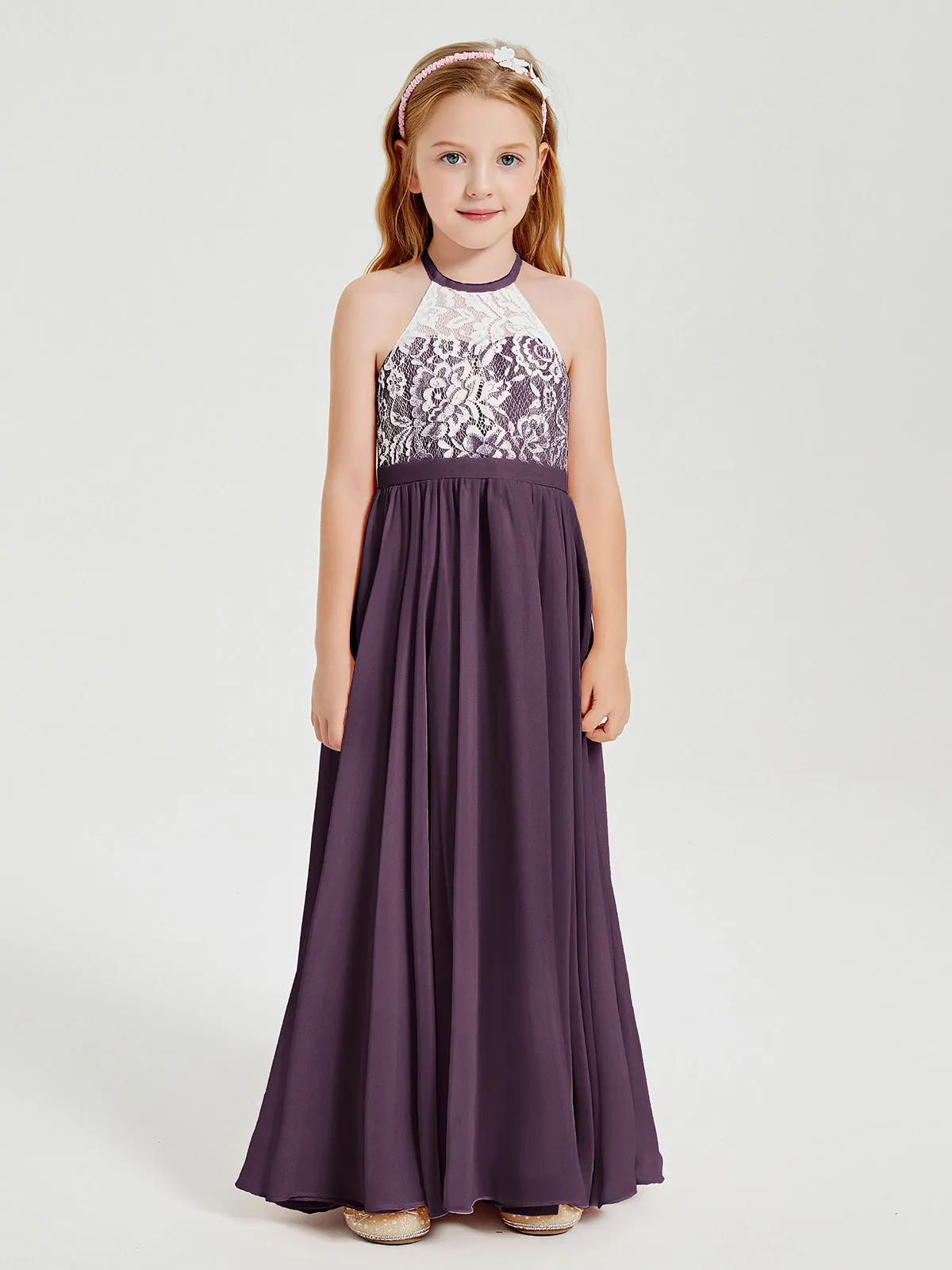 Long Chiffon Bridesmaid Dresses Lace Top Plum