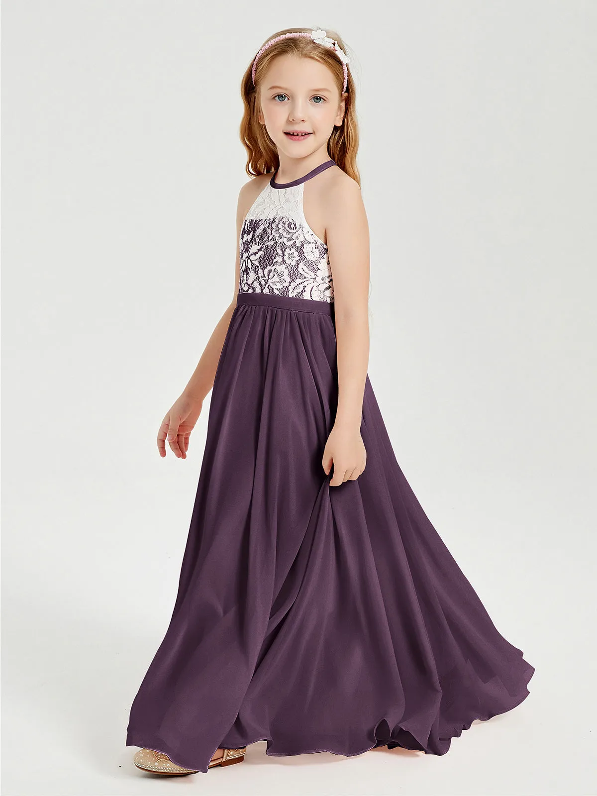 Long Chiffon Bridesmaid Dresses Lace Top Plum