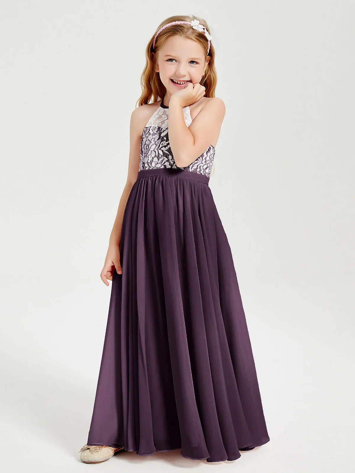 Long Chiffon Bridesmaid Dresses Lace Top Plum