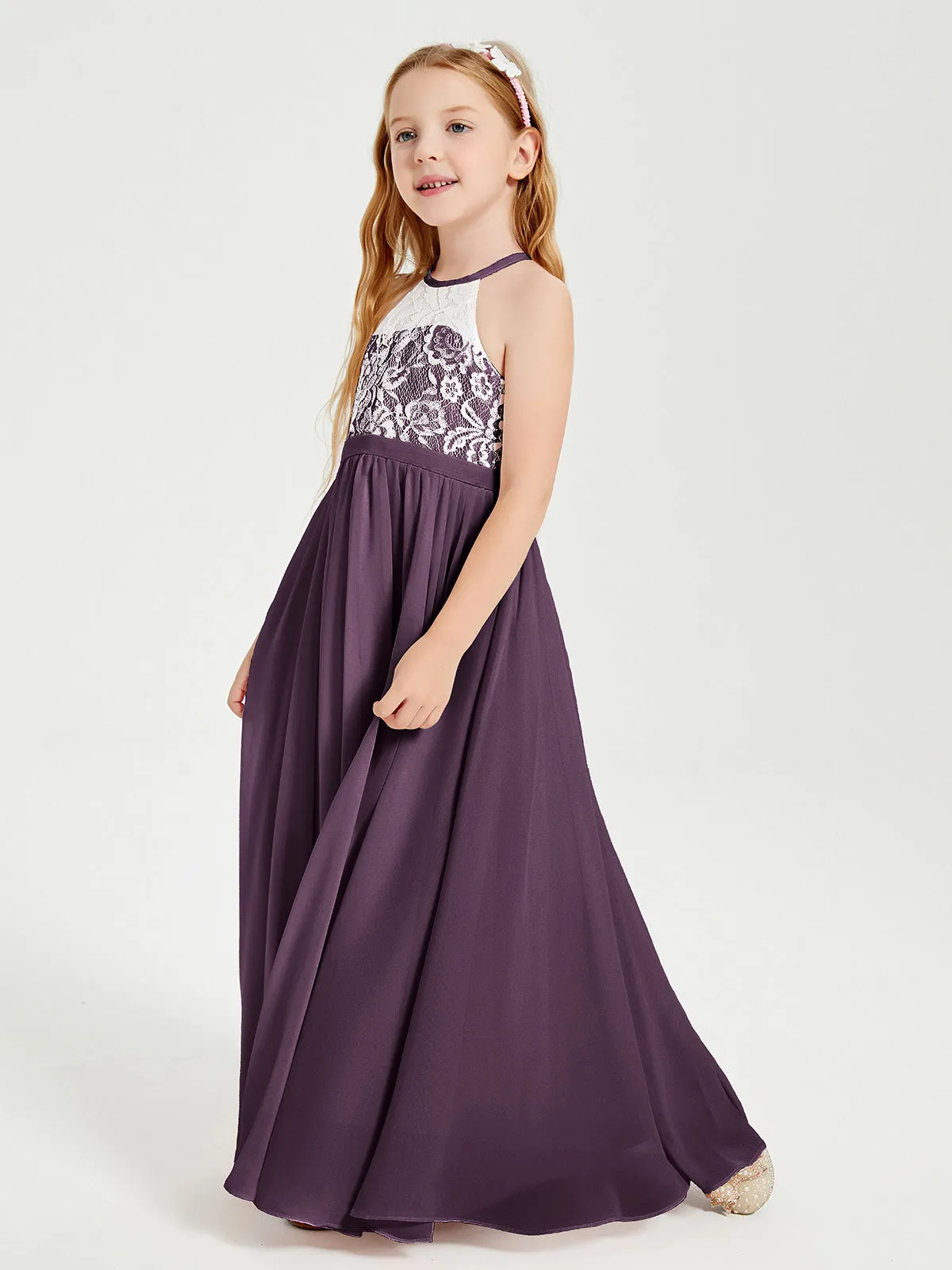 Long Chiffon Bridesmaid Dresses Lace Top Plum