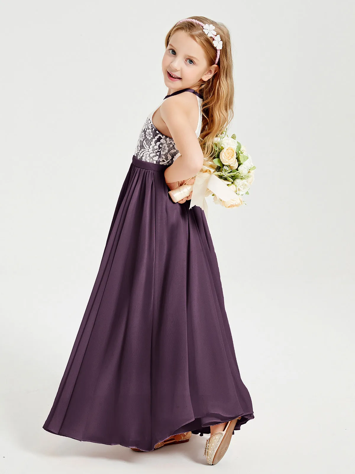 Long Chiffon Bridesmaid Dresses Lace Top Plum