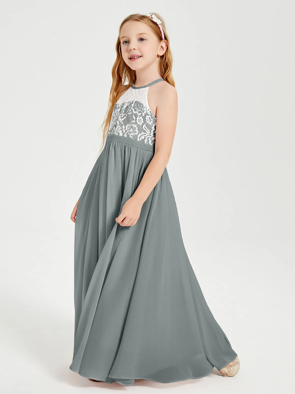 Long Chiffon Bridesmaid Dresses Lace Top Steel Grey