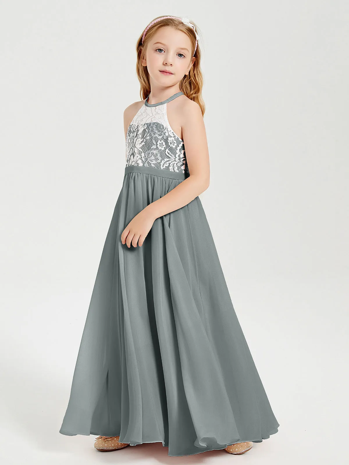 Long Chiffon Bridesmaid Dresses Lace Top Steel Grey